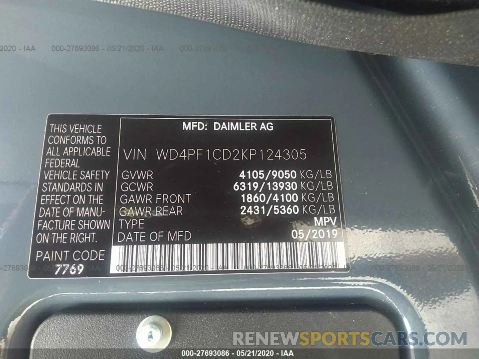 9 Фотография поврежденного автомобиля WD4PF1CD2KP124305 MERCEDES-BENZ SPRINTER 2019