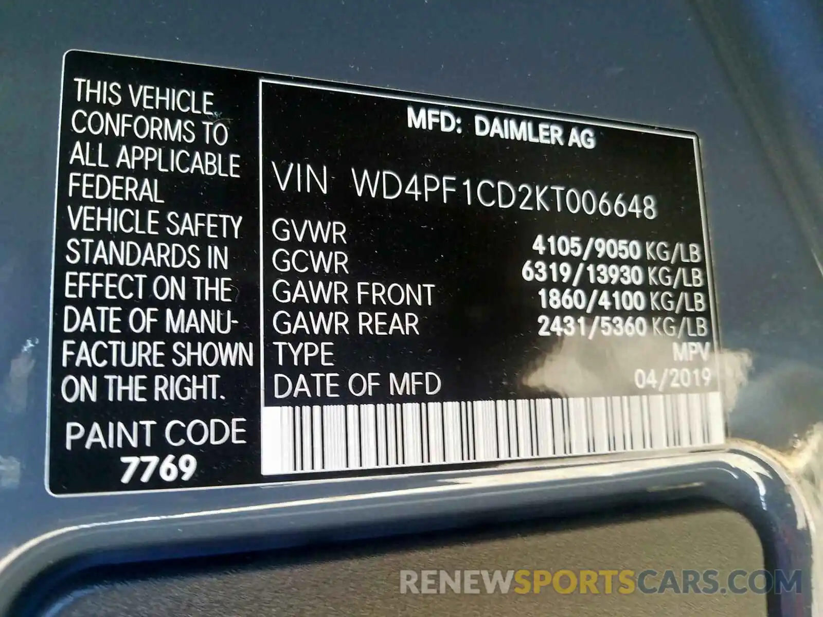 10 Photograph of a damaged car WD4PF1CD2KT006648 MERCEDES-BENZ SPRINTER 2019