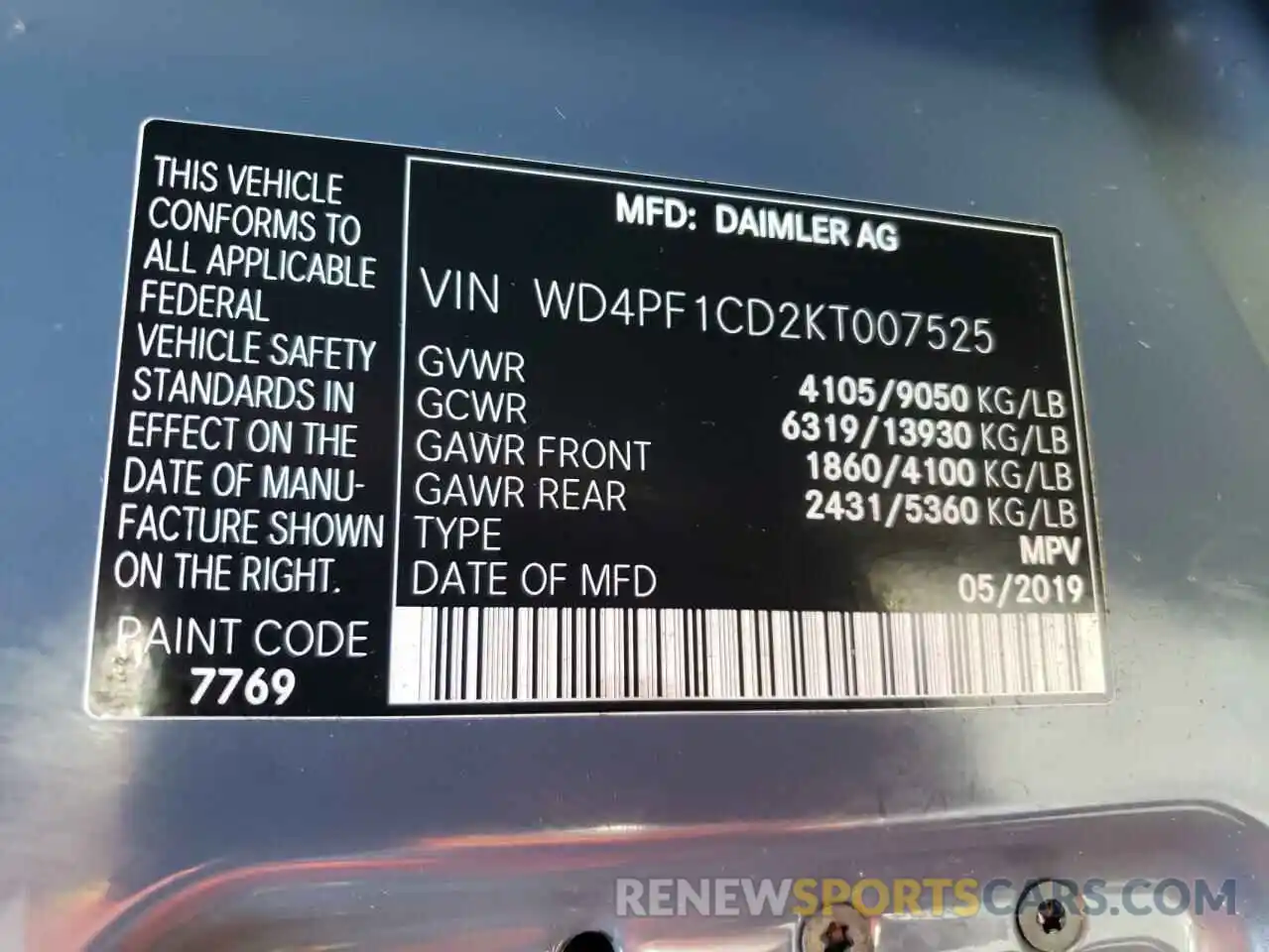 10 Photograph of a damaged car WD4PF1CD2KT007525 MERCEDES-BENZ SPRINTER 2019