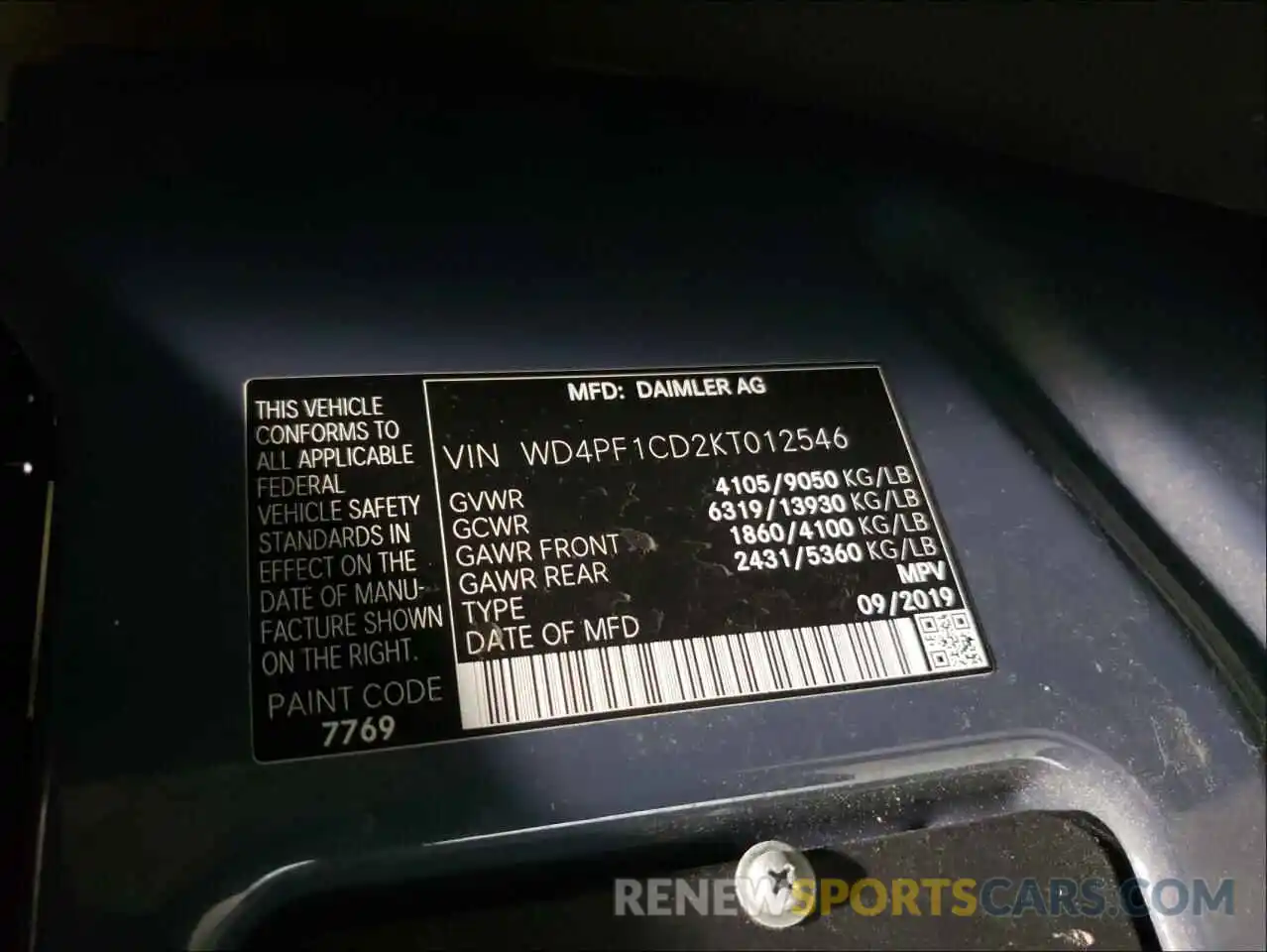 10 Фотография поврежденного автомобиля WD4PF1CD2KT012546 MERCEDES-BENZ SPRINTER 2019