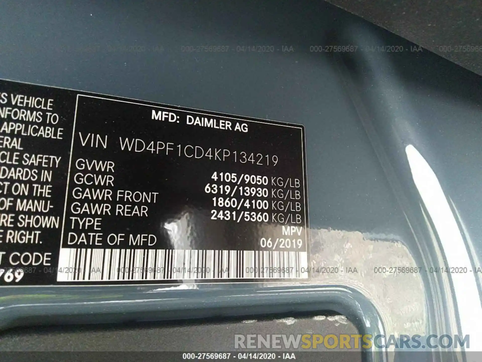 9 Фотография поврежденного автомобиля WD4PF1CD4KP134219 MERCEDES-BENZ SPRINTER 2019