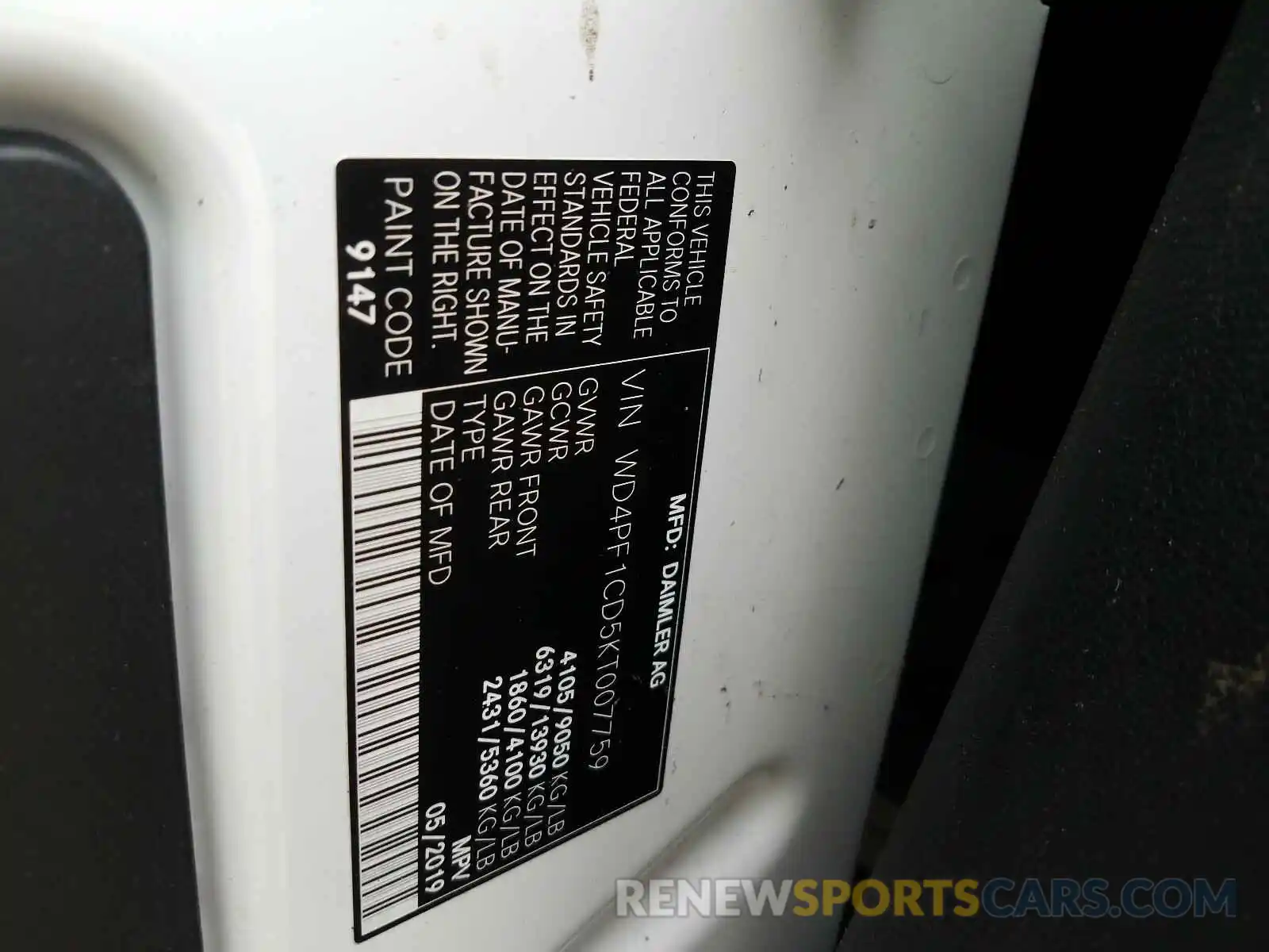 10 Photograph of a damaged car WD4PF1CD5KT007759 MERCEDES-BENZ SPRINTER 2019