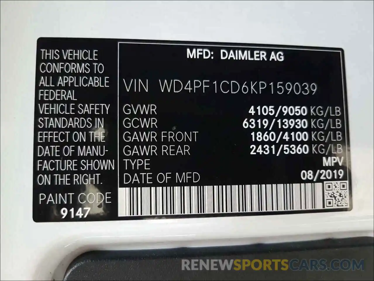 10 Фотография поврежденного автомобиля WD4PF1CD6KP159039 MERCEDES-BENZ SPRINTER 2019