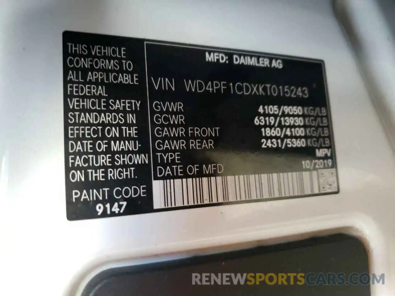 10 Photograph of a damaged car WD4PF1CDXKT015243 MERCEDES-BENZ SPRINTER 2019