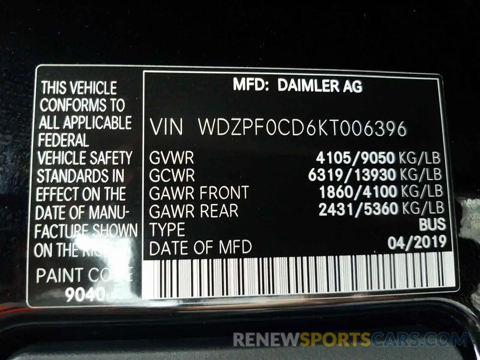 10 Photograph of a damaged car WDZPF0CD6KT006396 MERCEDES-BENZ SPRINTER 2019