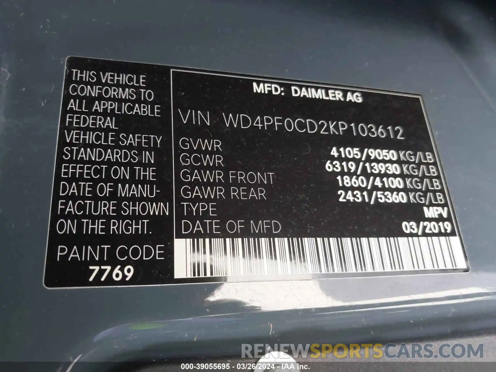 9 Photograph of a damaged car WD4PF0CD2KP103612 MERCEDES-BENZ SPRINTER 2500 2019