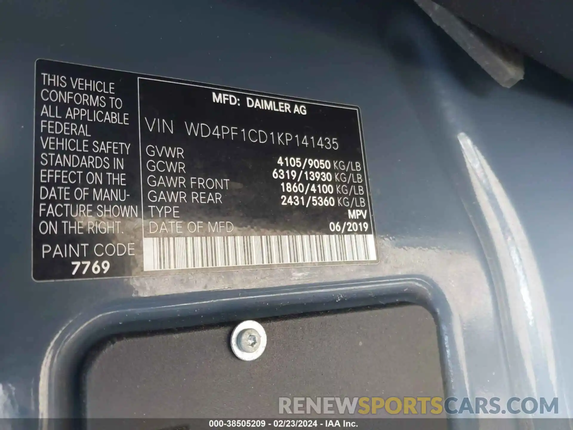 9 Photograph of a damaged car WD4PF1CD1KP141435 MERCEDES-BENZ SPRINTER 2500 2019