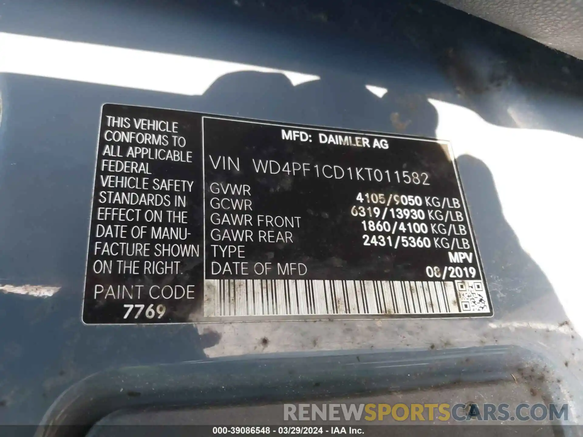 9 Photograph of a damaged car WD4PF1CD1KT011582 MERCEDES-BENZ SPRINTER 2500 2019