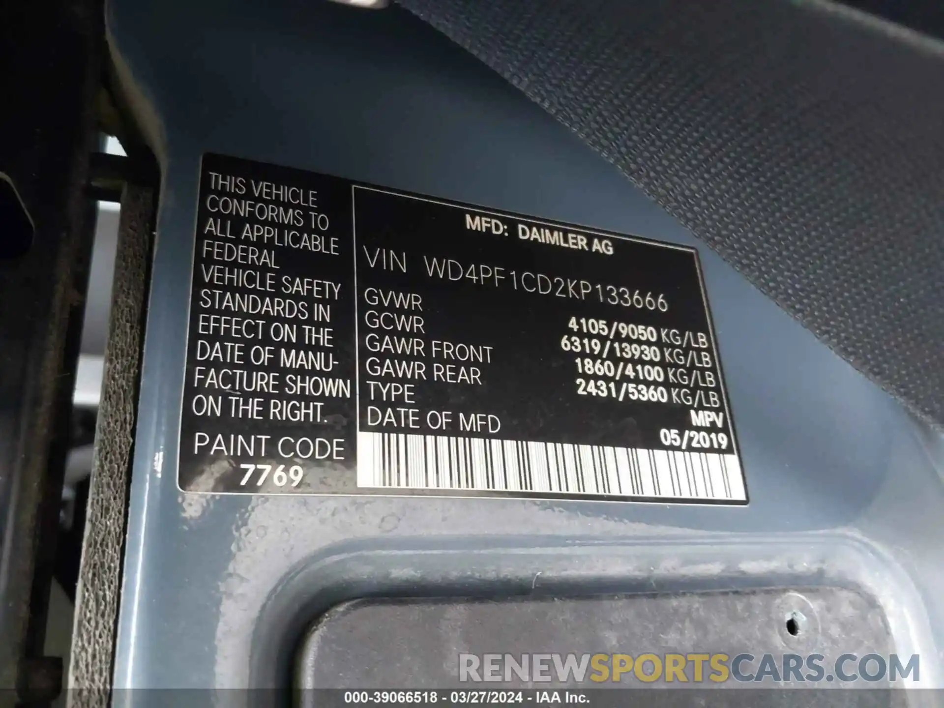 9 Photograph of a damaged car WD4PF1CD2KP133666 MERCEDES-BENZ SPRINTER 2500 2019