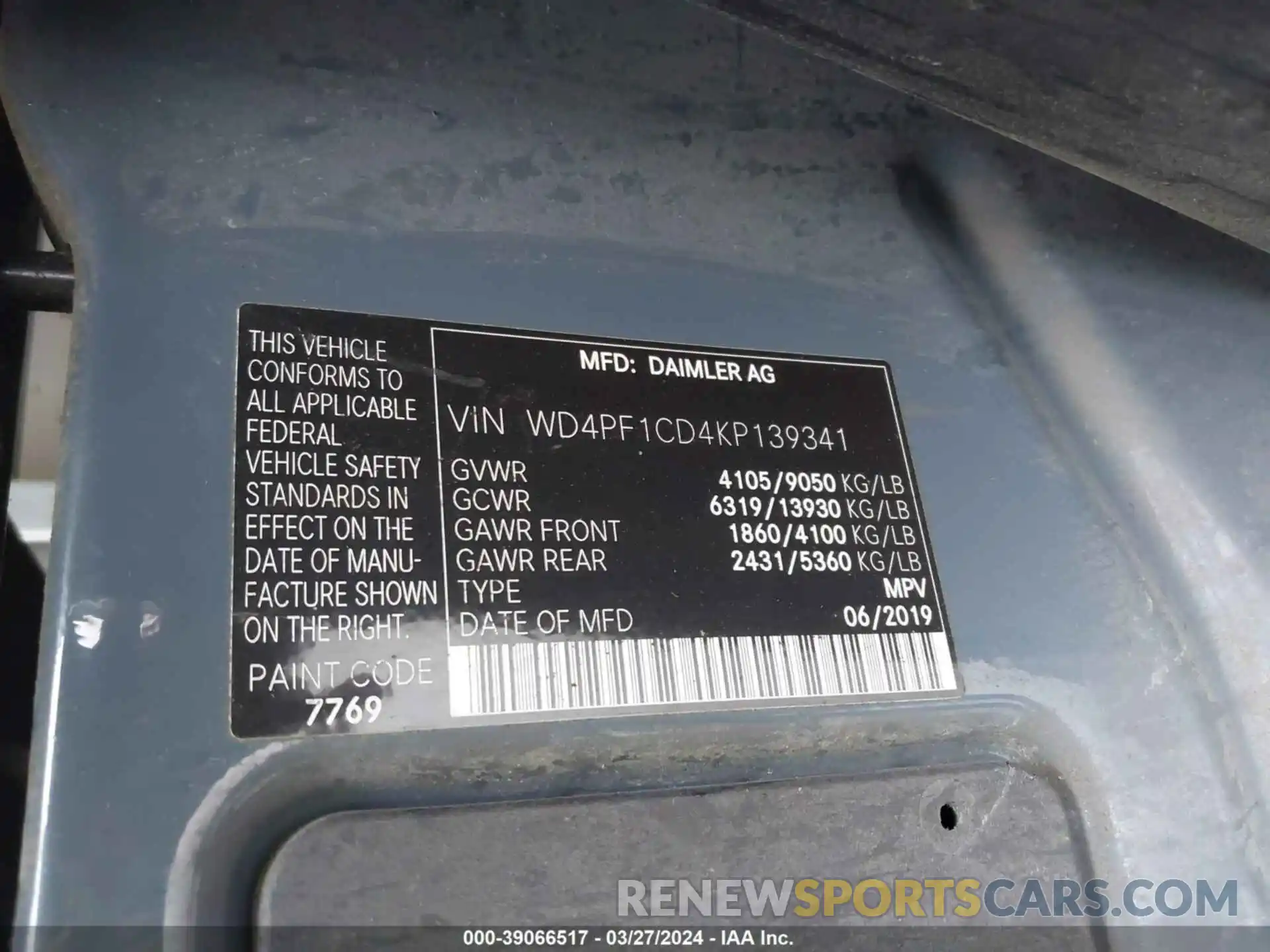 9 Photograph of a damaged car WD4PF1CD4KP139341 MERCEDES-BENZ SPRINTER 2500 2019