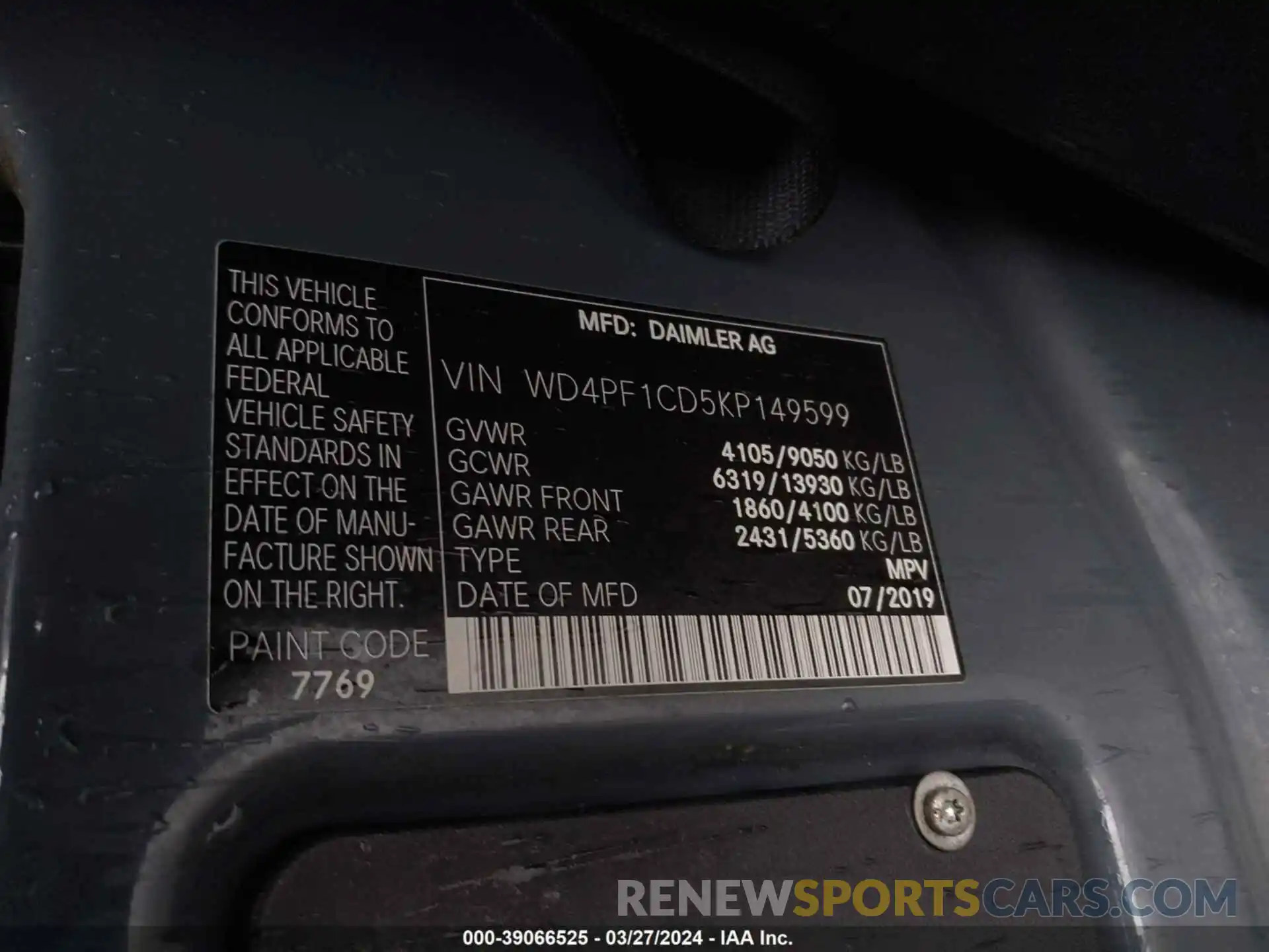 9 Photograph of a damaged car WD4PF1CD5KP149599 MERCEDES-BENZ SPRINTER 2500 2019