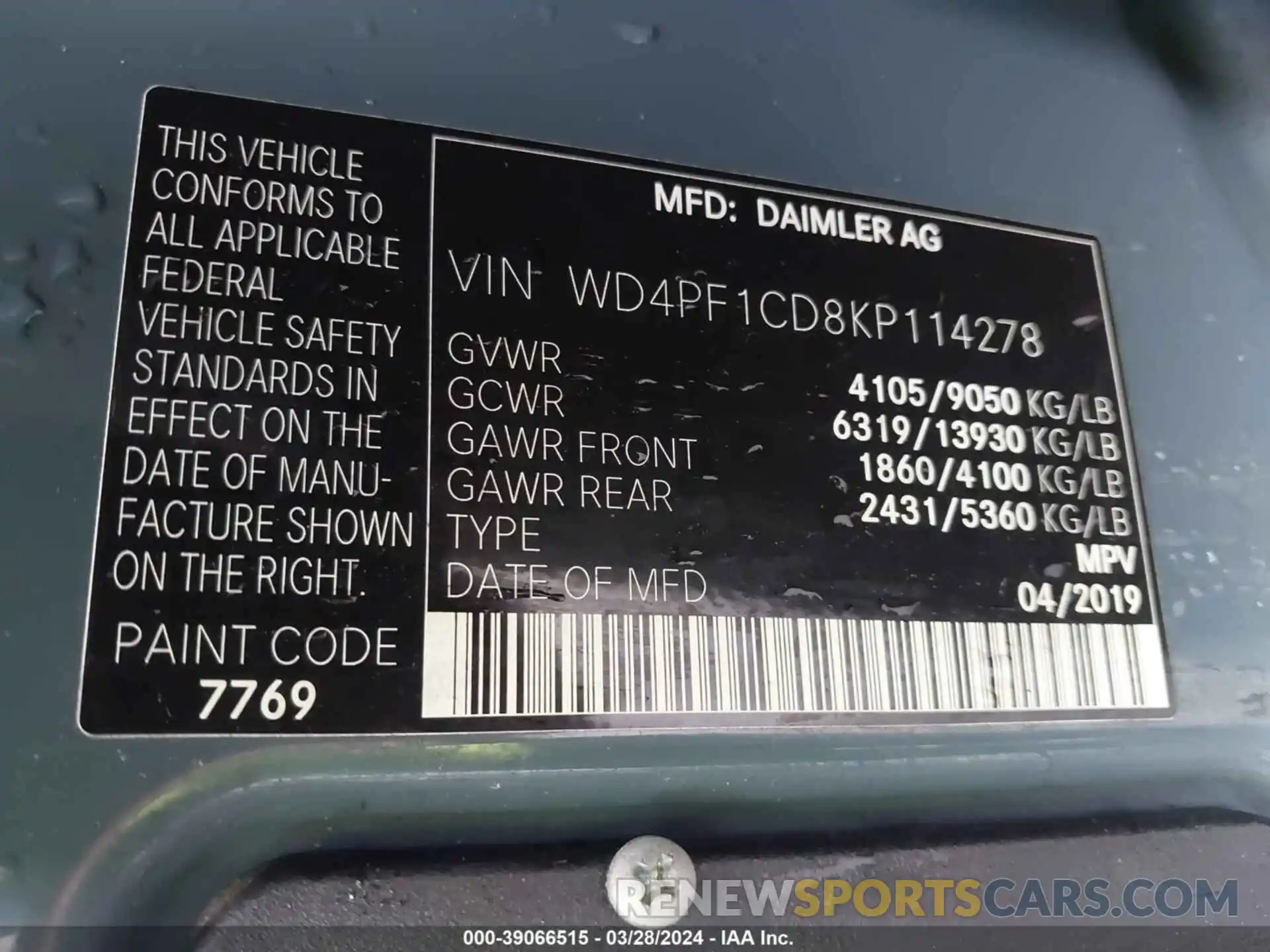 9 Photograph of a damaged car WD4PF1CD8KP114278 MERCEDES-BENZ SPRINTER 2500 2019