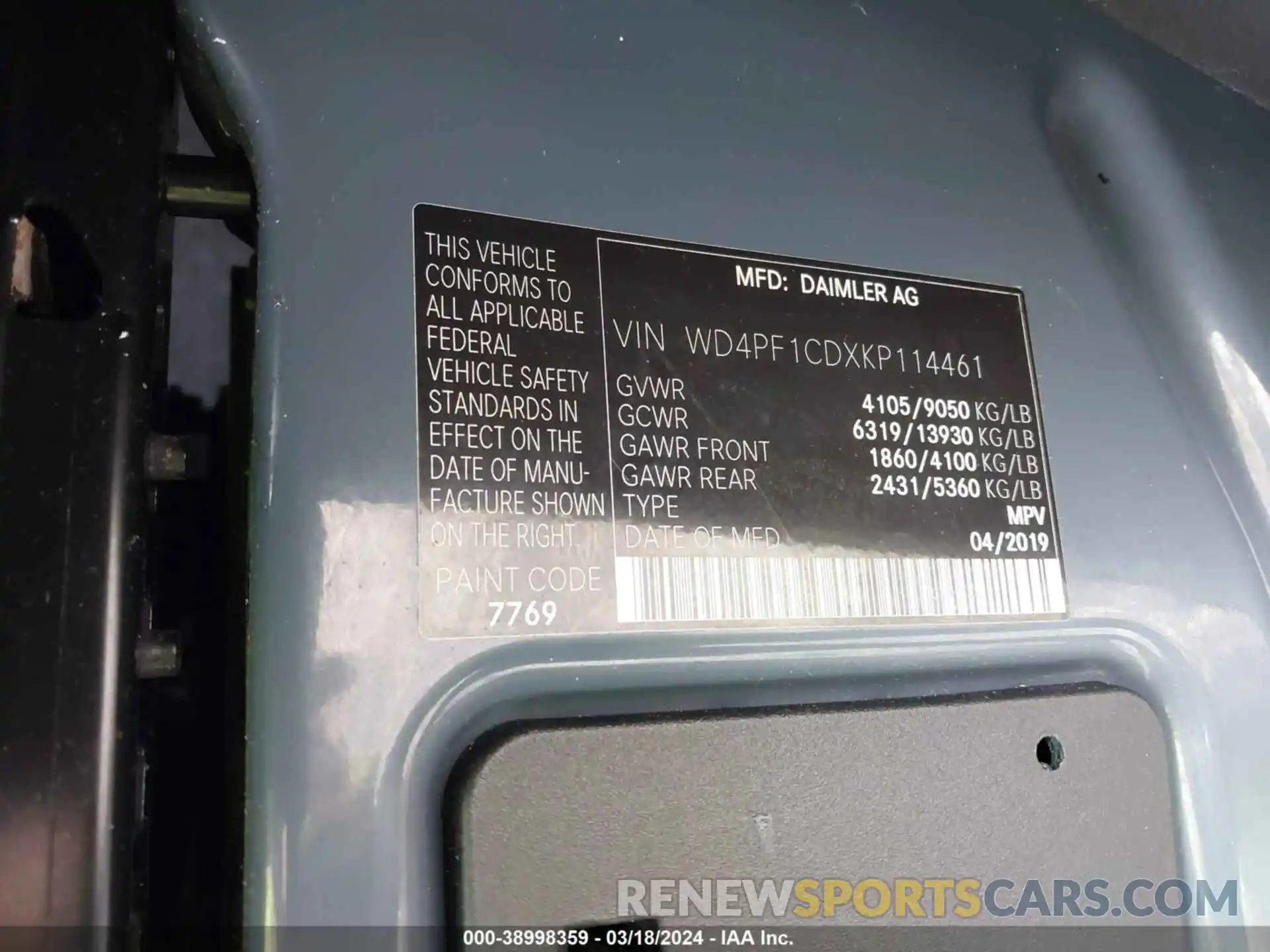 9 Photograph of a damaged car WD4PF1CDXKP114461 MERCEDES-BENZ SPRINTER 2500 2019