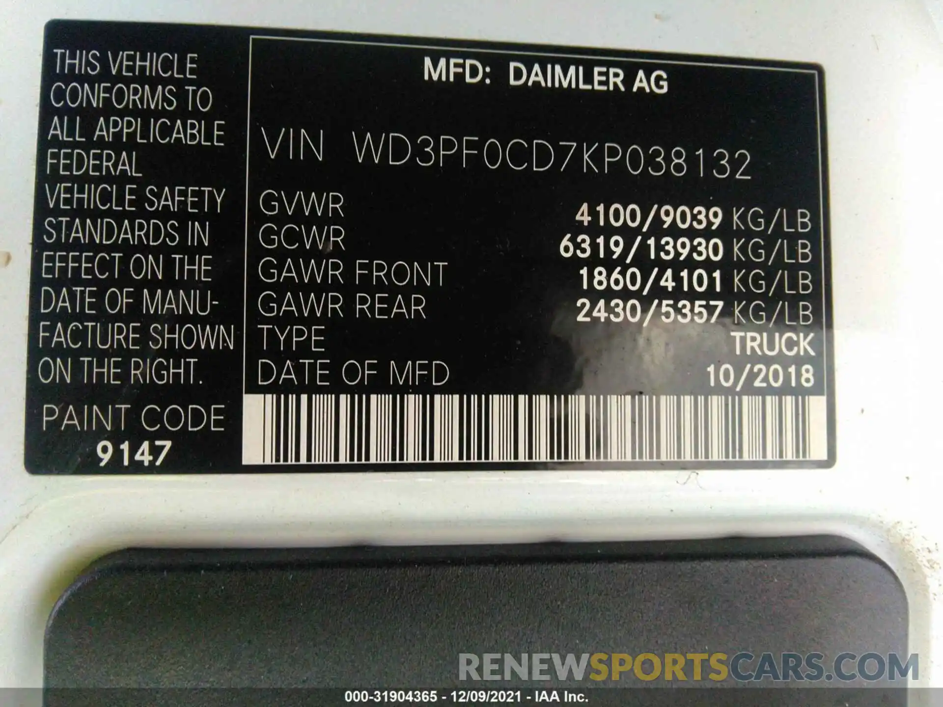 9 Фотография поврежденного автомобиля WD3PF0CD7KP038132 MERCEDES-BENZ SPRINTER CARGO VAN 2019