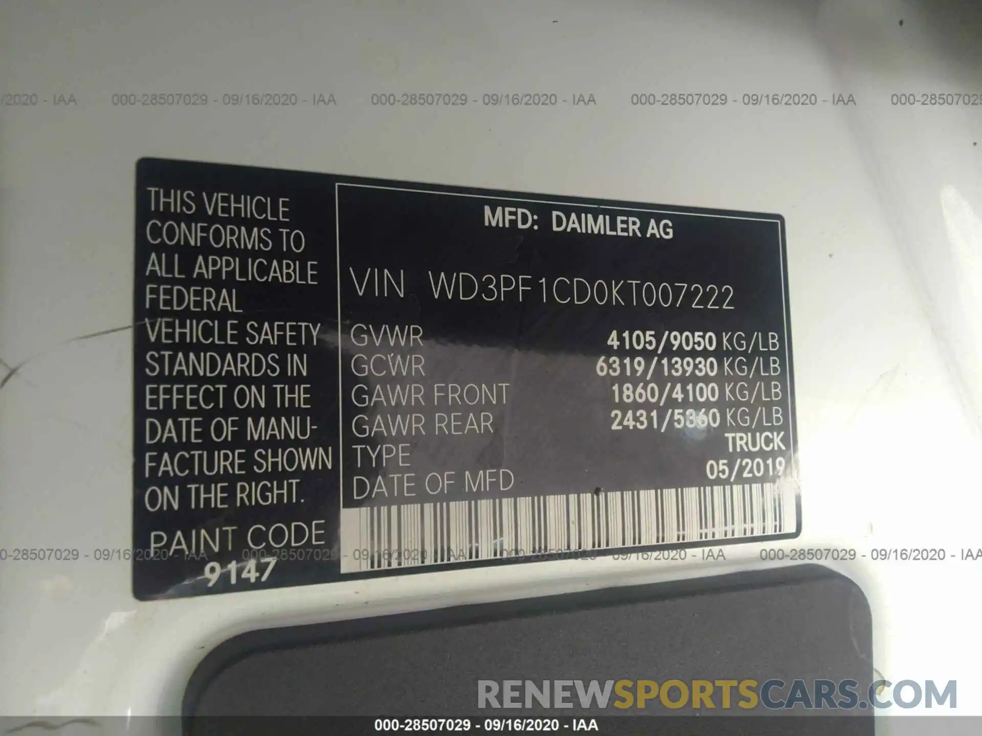 9 Photograph of a damaged car WD3PF1CD0KT007222 MERCEDES-BENZ SPRINTER CARGO VAN 2019