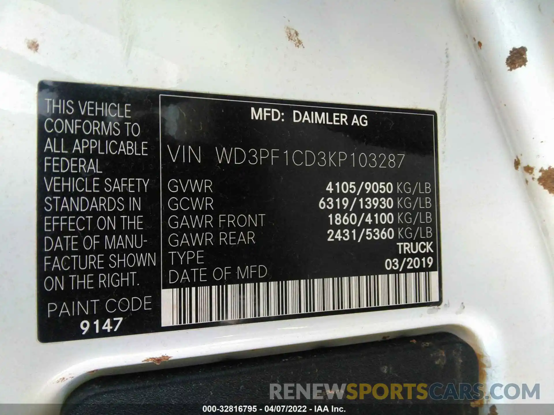 9 Фотография поврежденного автомобиля WD3PF1CD3KP103287 MERCEDES-BENZ SPRINTER CARGO VAN 2019