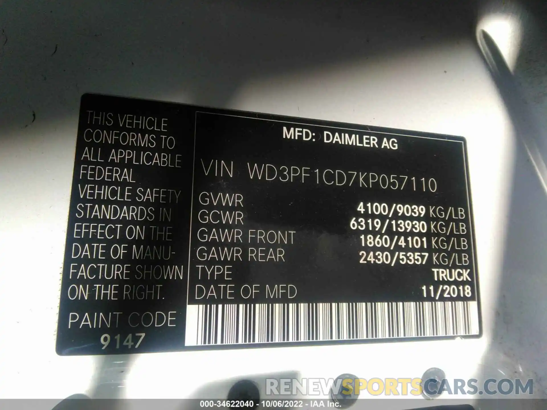 9 Фотография поврежденного автомобиля WD3PF1CD7KP057110 MERCEDES-BENZ SPRINTER CARGO VAN 2019