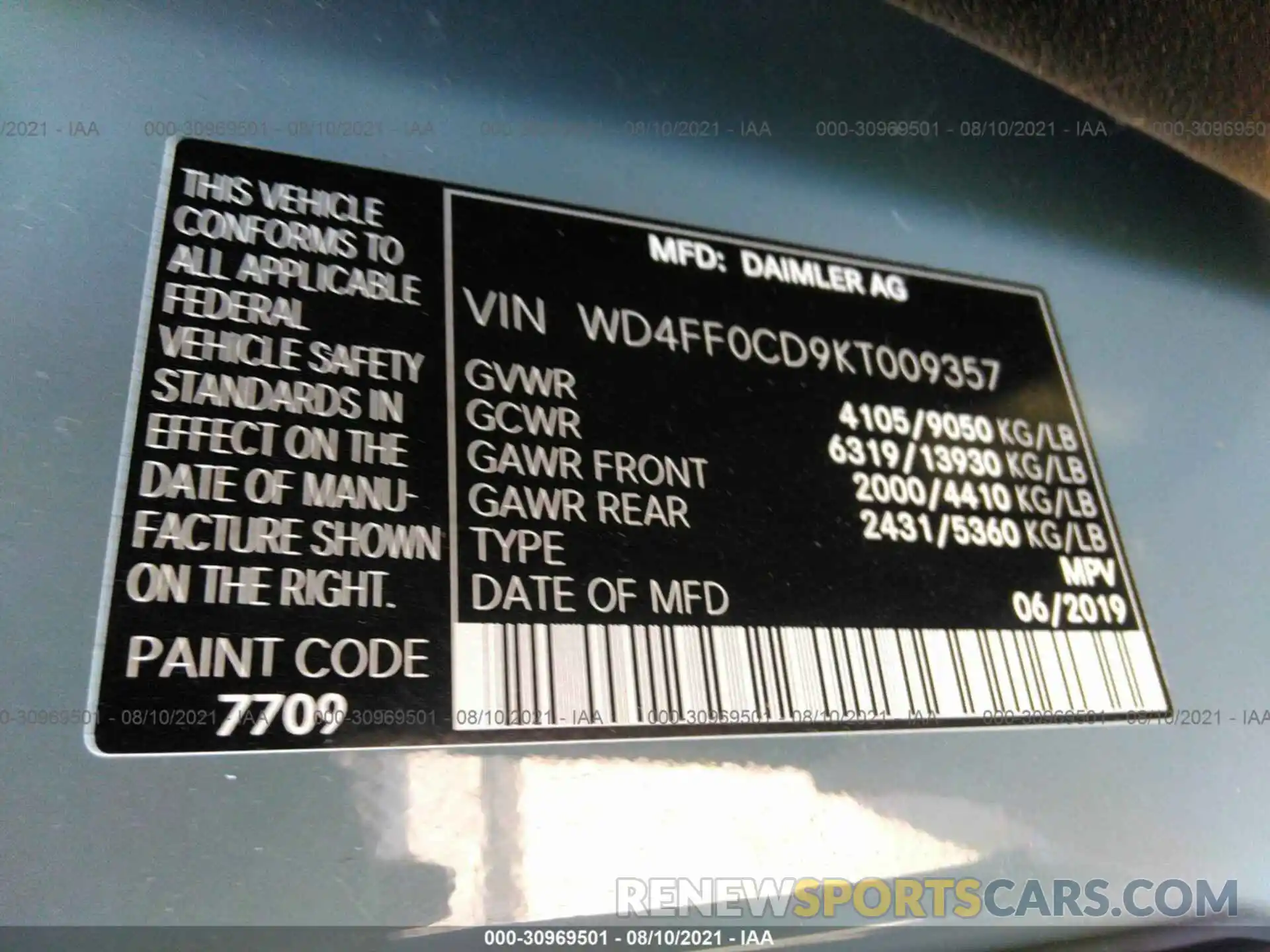 9 Photograph of a damaged car WD4FF0CD9KT009357 MERCEDES-BENZ SPRINTER VAN 2019