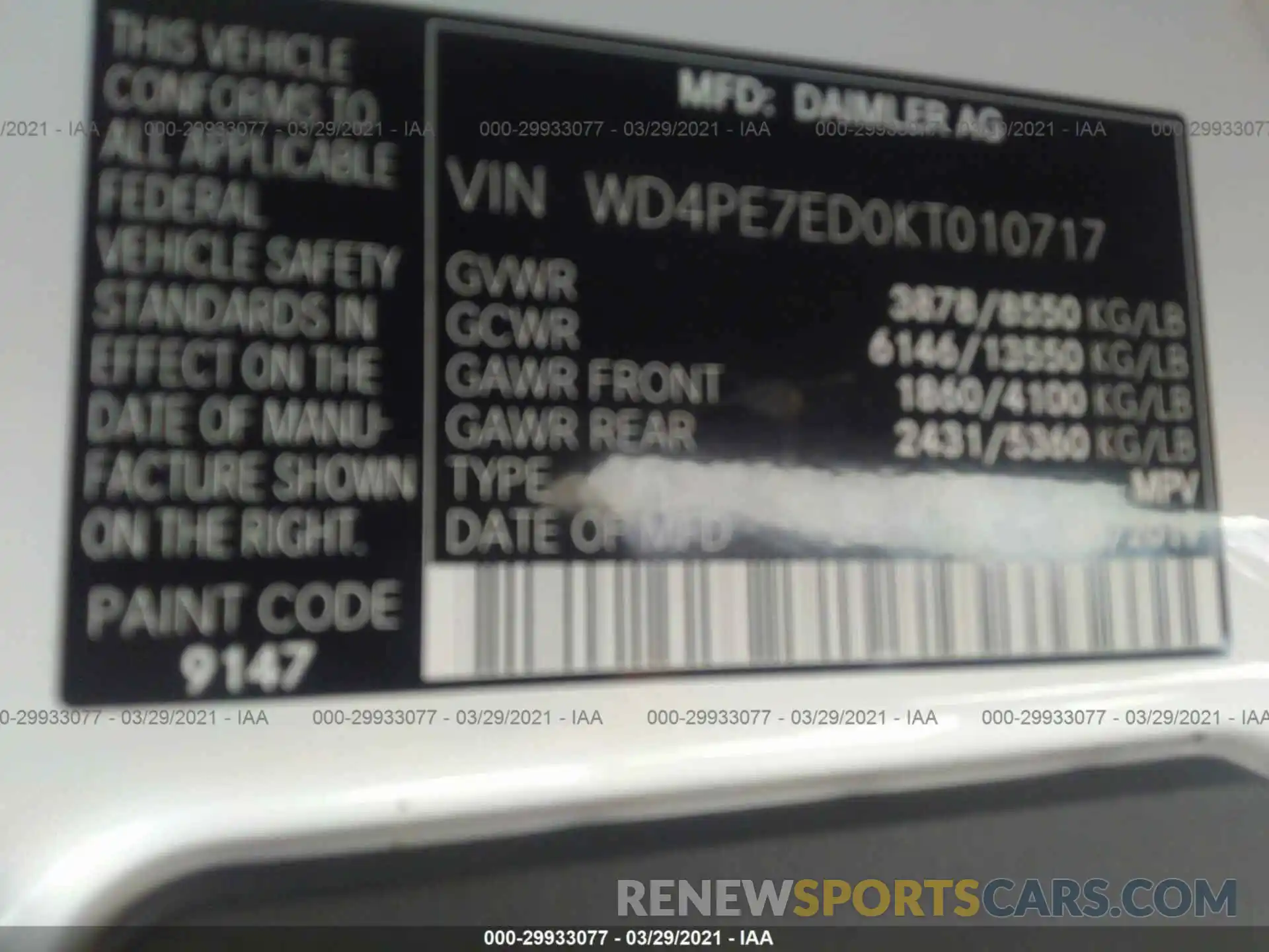 9 Photograph of a damaged car WD4PE7ED0KT010717 MERCEDES-BENZ SPRINTER VAN 2019