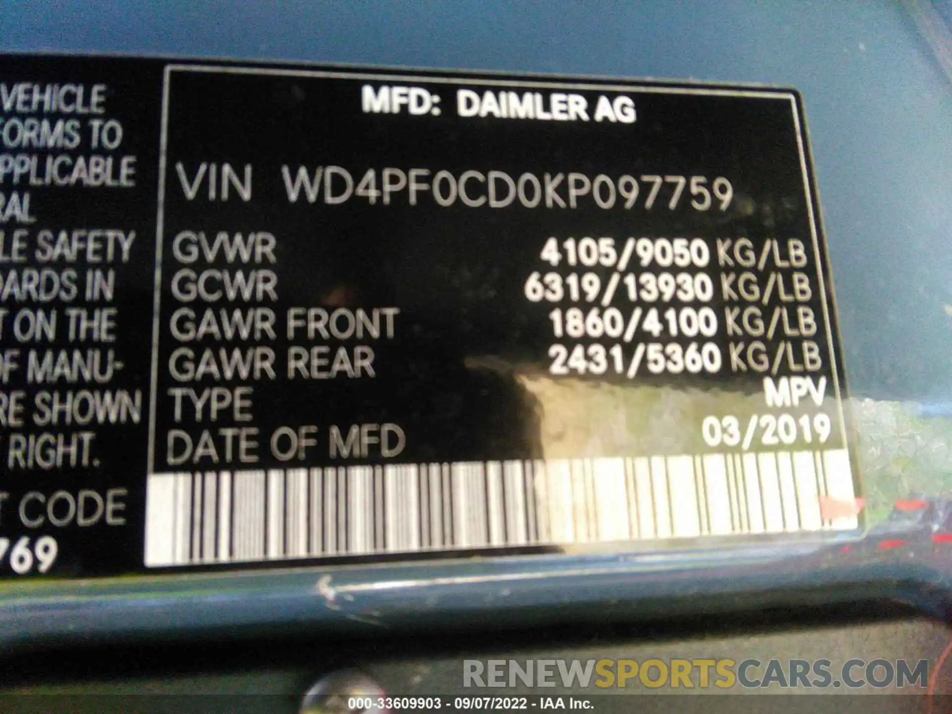 9 Фотография поврежденного автомобиля WD4PF0CD0KP097759 MERCEDES-BENZ SPRINTER VAN 2019