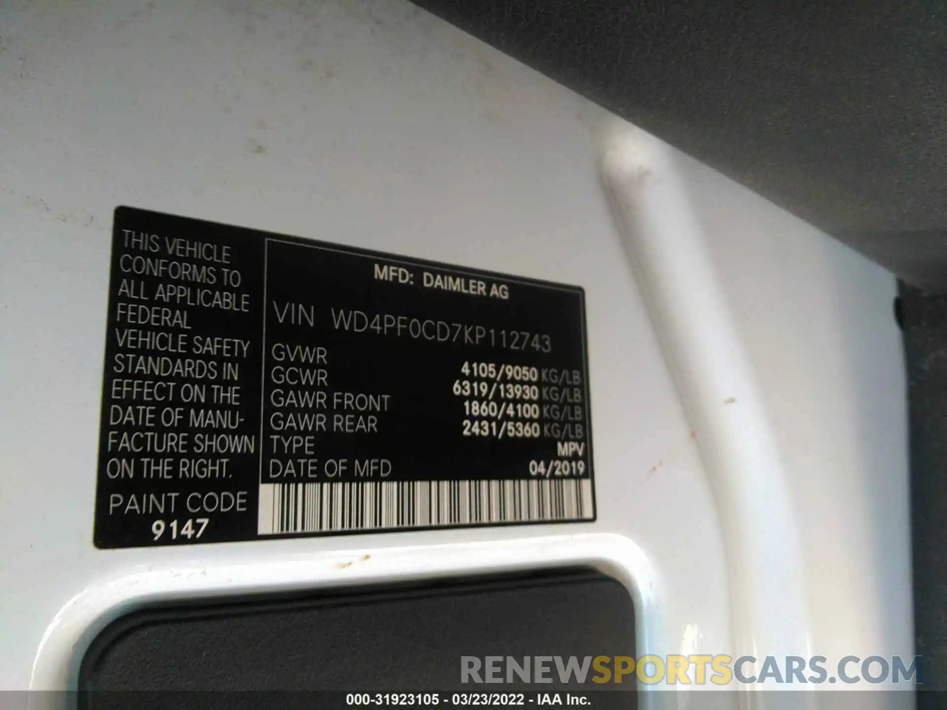 9 Photograph of a damaged car WD4PF0CD7KP112743 MERCEDES-BENZ SPRINTER VAN 2019