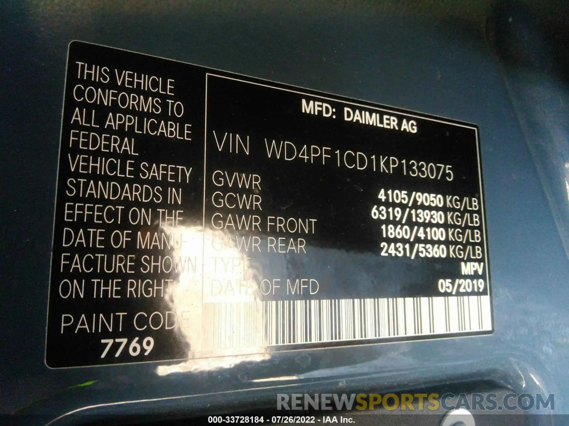 9 Photograph of a damaged car WD4PF1CD1KP133075 MERCEDES-BENZ SPRINTER VAN 2019