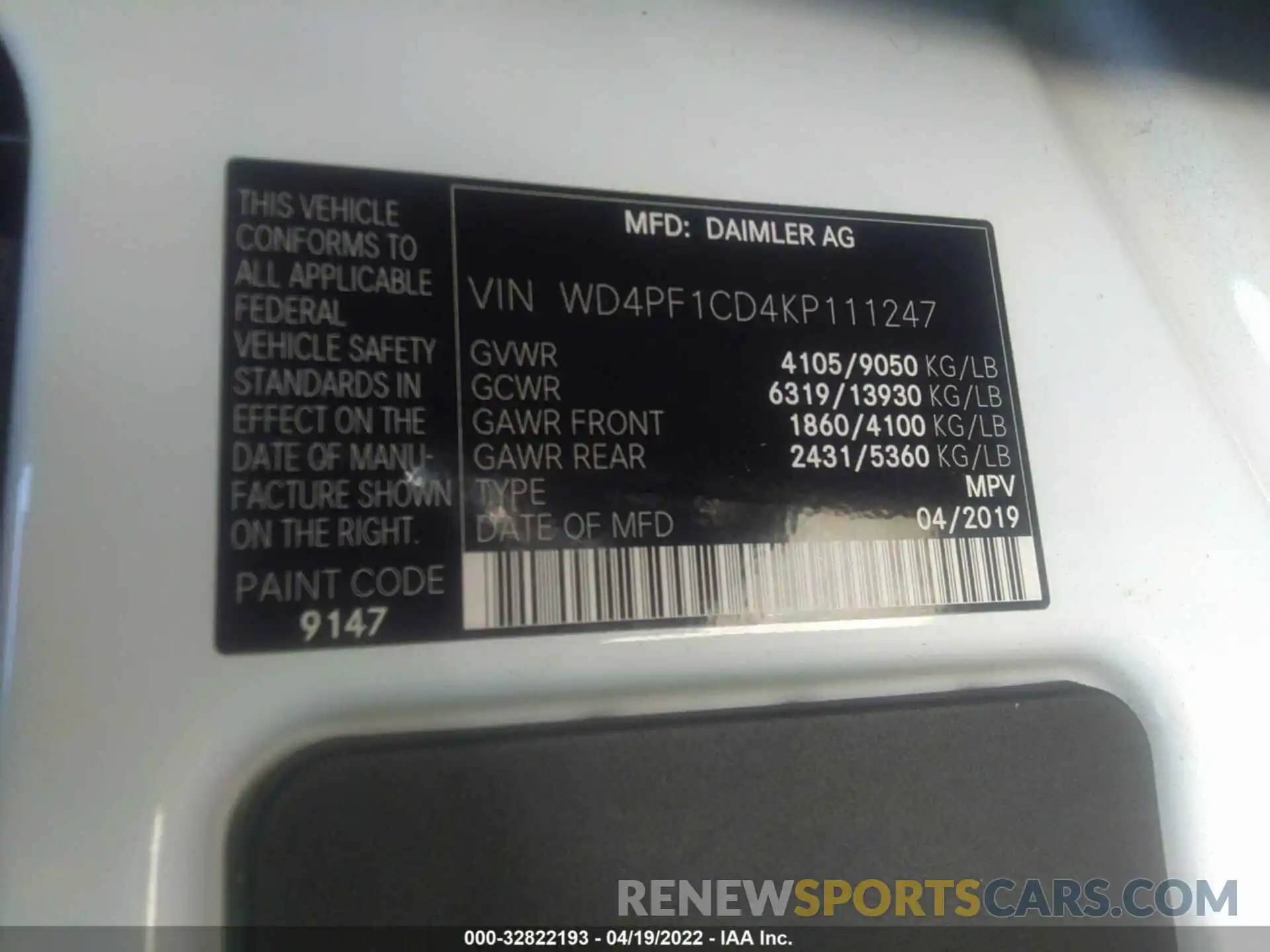 9 Photograph of a damaged car WD4PF1CD4KP111247 MERCEDES-BENZ SPRINTER VAN 2019