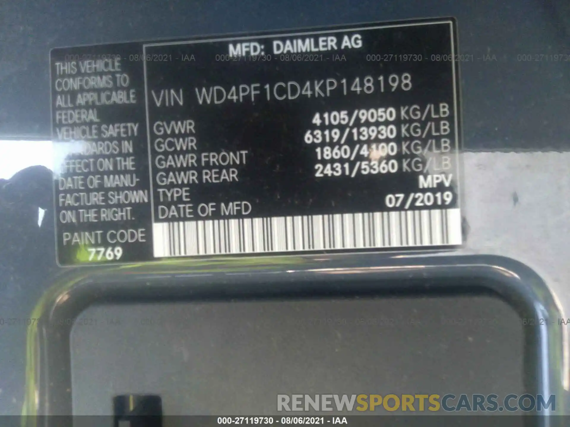 9 Фотография поврежденного автомобиля WD4PF1CD4KP148198 MERCEDES-BENZ SPRINTER VAN 2019