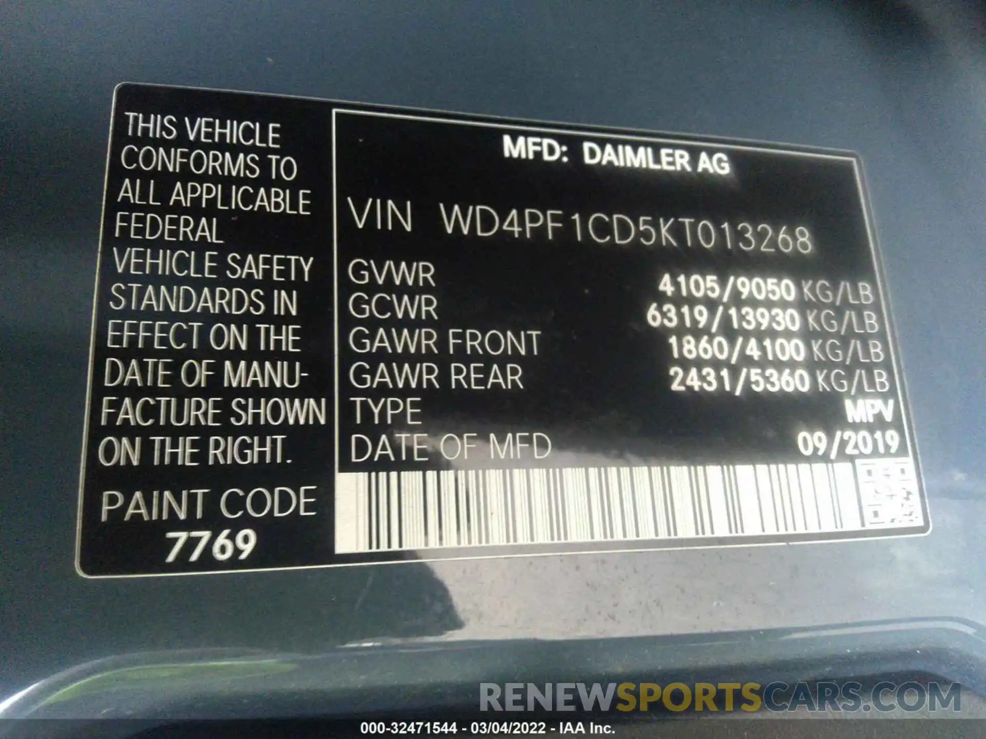 9 Photograph of a damaged car WD4PF1CD5KT013268 MERCEDES-BENZ SPRINTER VAN 2019