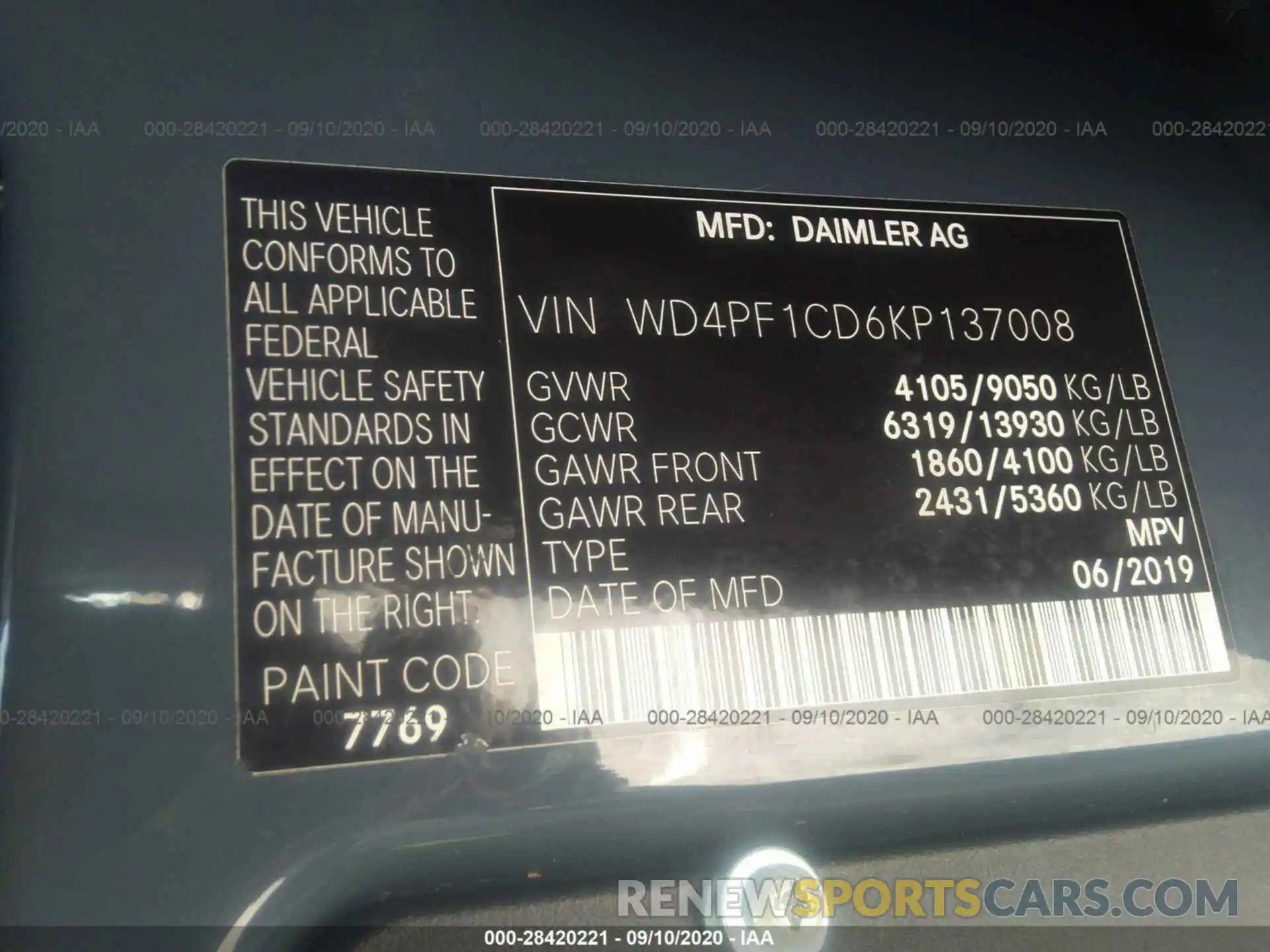 9 Фотография поврежденного автомобиля WD4PF1CD6KP137008 MERCEDES-BENZ SPRINTER VAN 2019