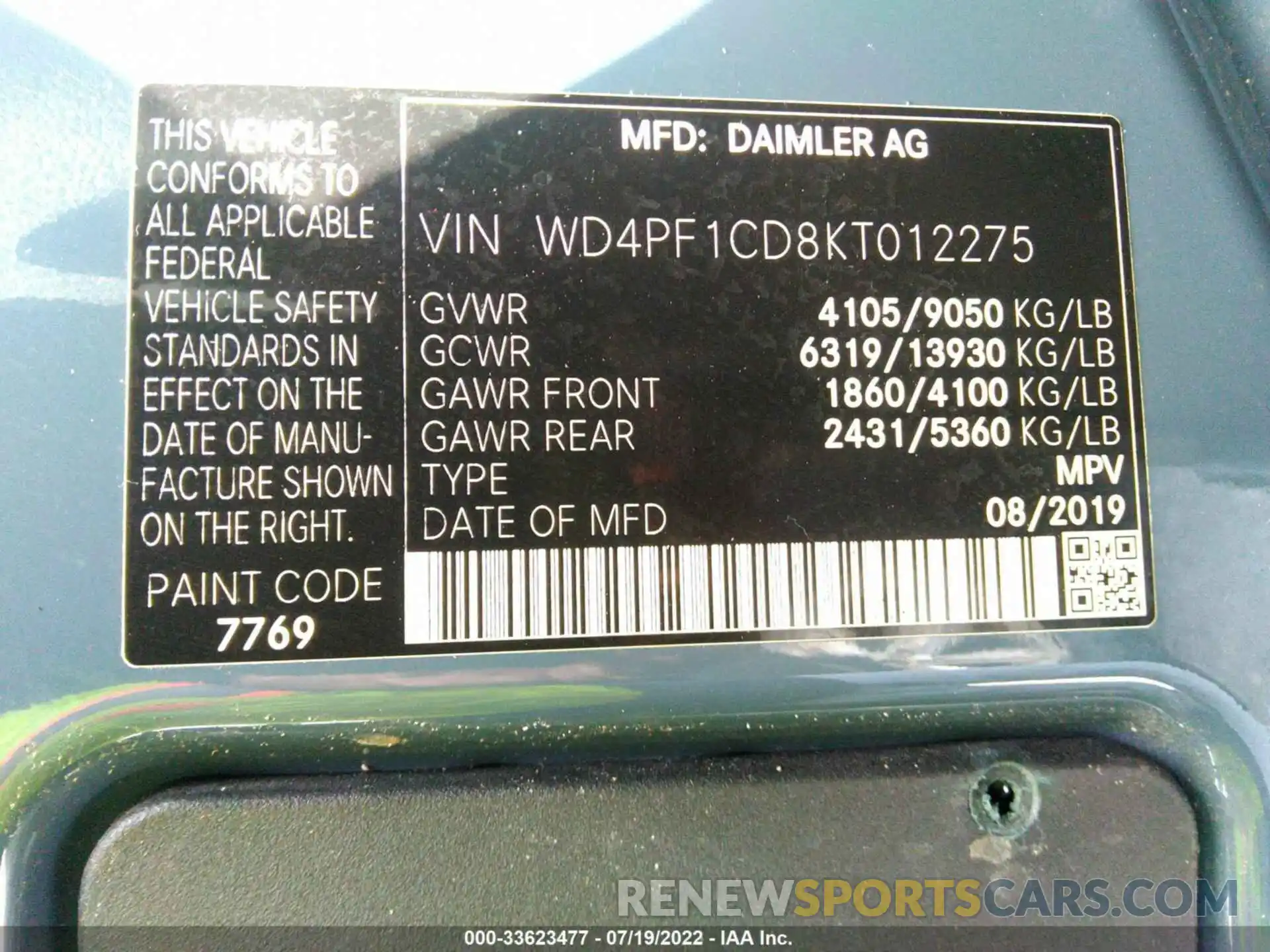 9 Фотография поврежденного автомобиля WD4PF1CD8KT012275 MERCEDES-BENZ SPRINTER VAN 2019