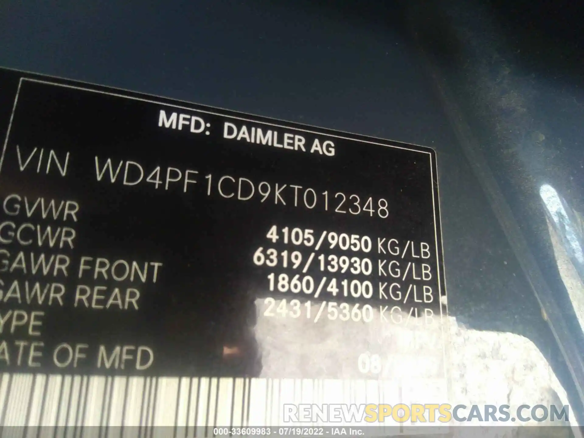 9 Photograph of a damaged car WD4PF1CD9KT012348 MERCEDES-BENZ SPRINTER VAN 2019