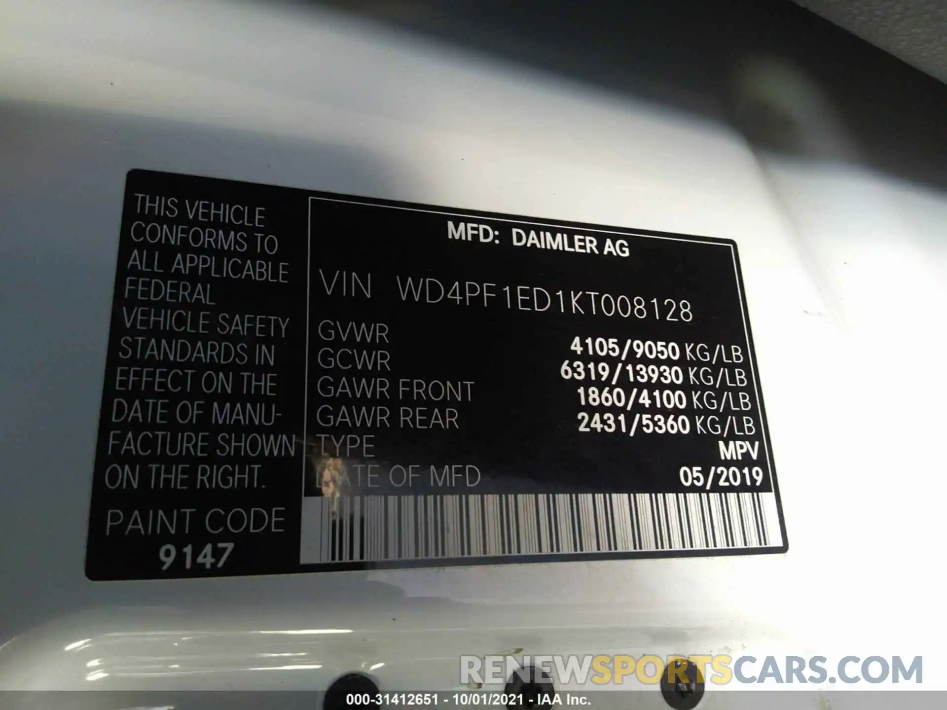 9 Photograph of a damaged car WD4PF1ED1KT008128 MERCEDES-BENZ SPRINTER VAN 2019