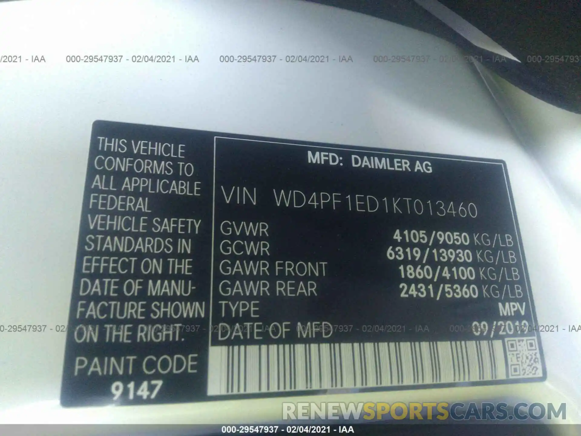 9 Фотография поврежденного автомобиля WD4PF1ED1KT013460 MERCEDES-BENZ SPRINTER VAN 2019