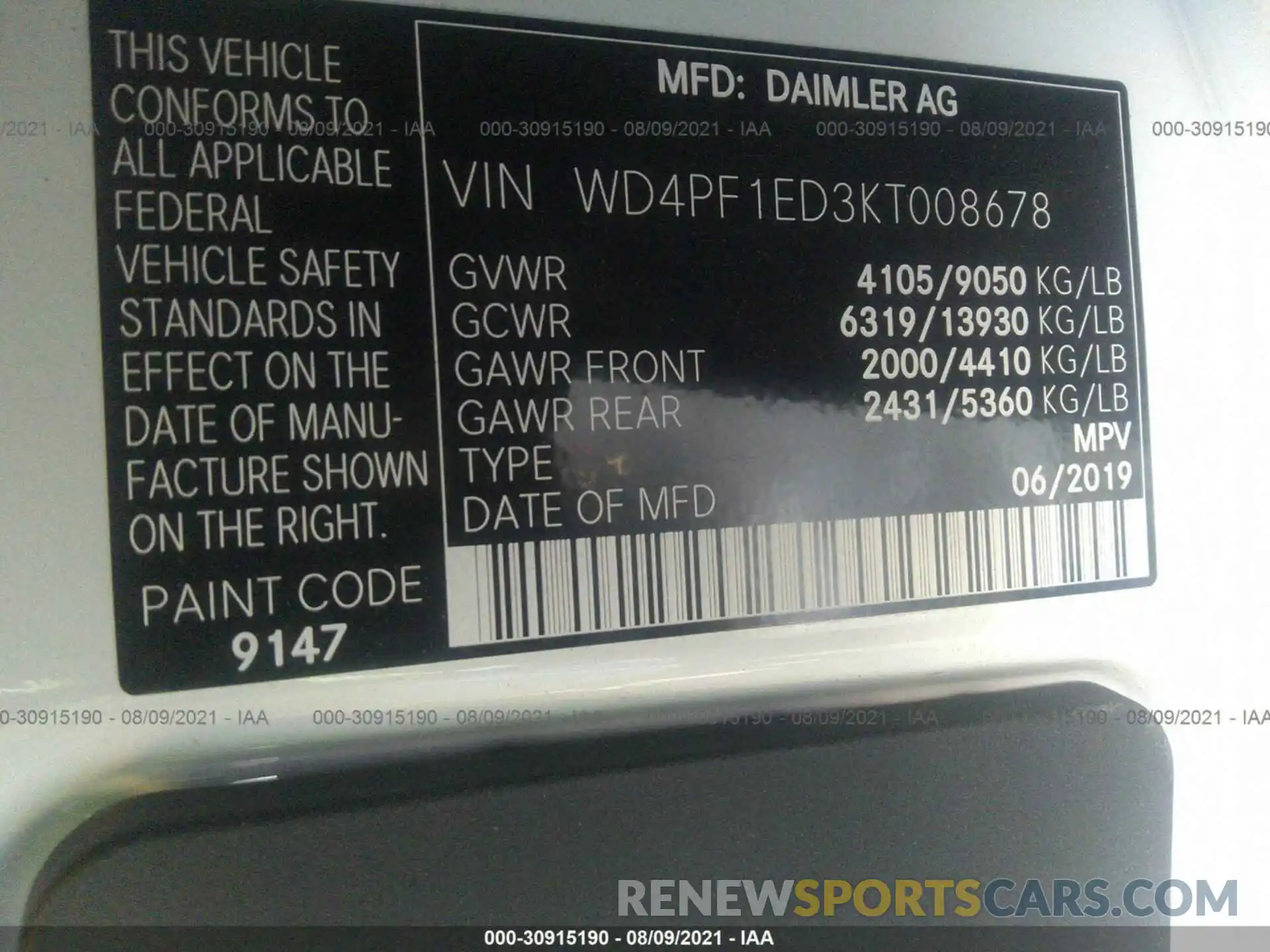 8 Photograph of a damaged car WD4PF1ED3KT008678 MERCEDES-BENZ SPRINTER VAN 2019