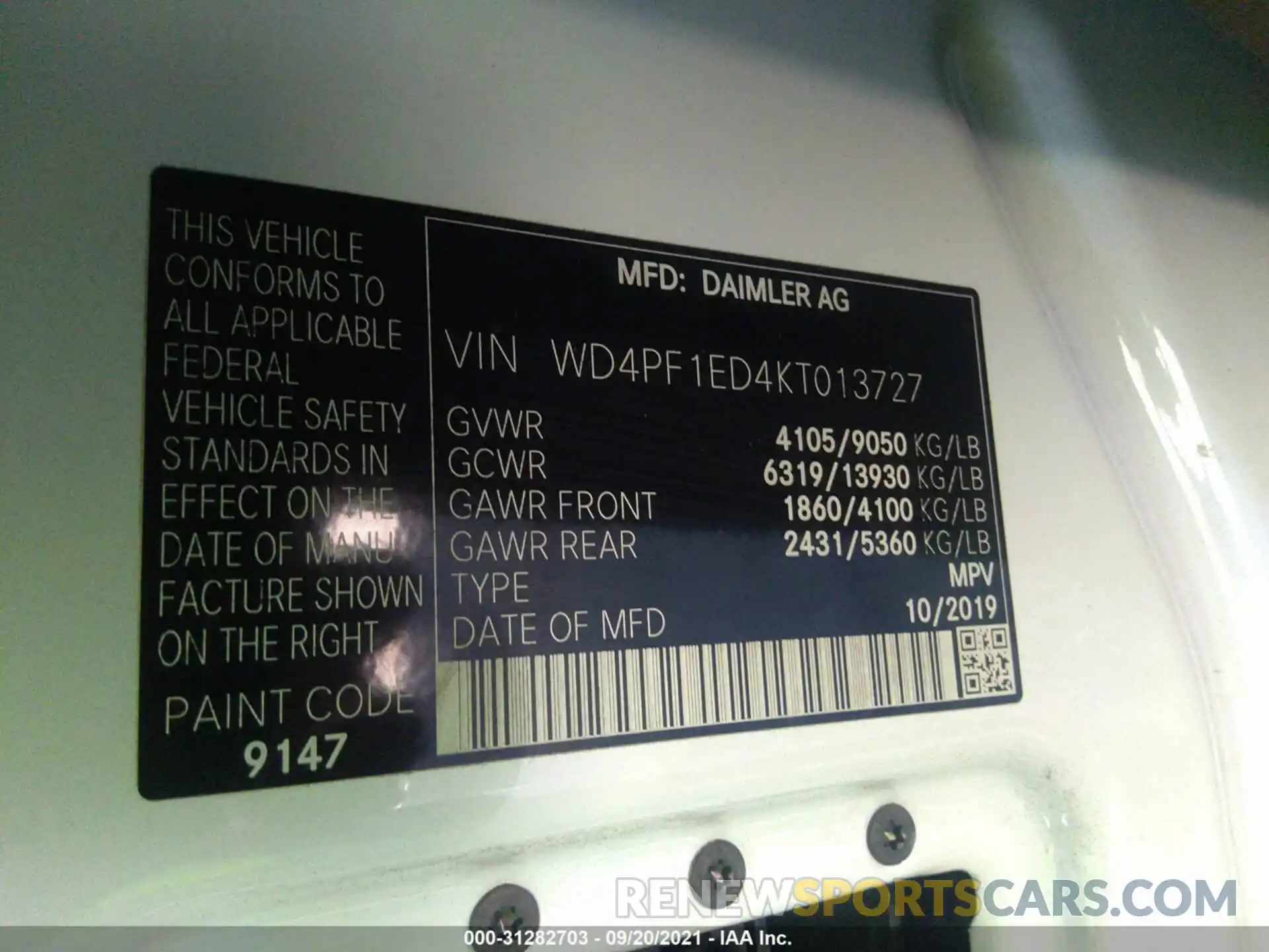 9 Photograph of a damaged car WD4PF1ED4KT013727 MERCEDES-BENZ SPRINTER VAN 2019