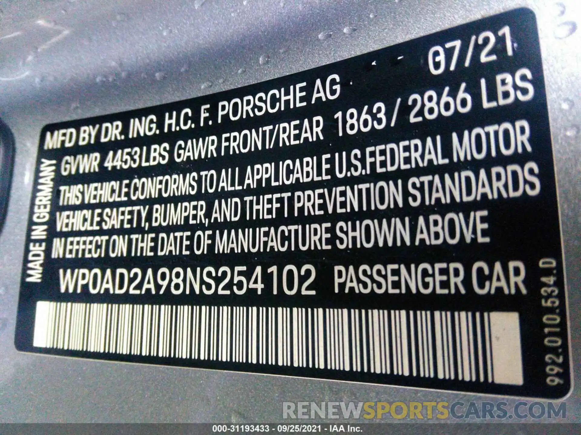 9 Photograph of a damaged car WP0AD2A98NS254102 PORSCHE 911 2022