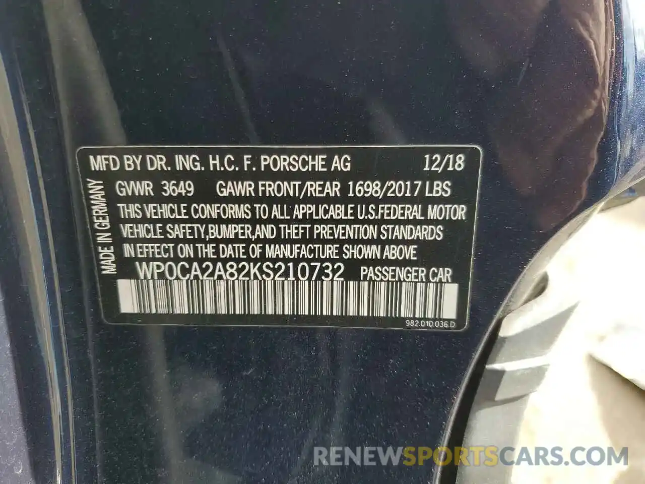 12 Photograph of a damaged car WP0CA2A82KS210732 PORSCHE BOXSTER 2019