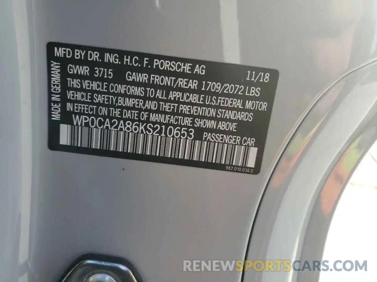 10 Photograph of a damaged car WP0CA2A86KS210653 PORSCHE BOXSTER 2019