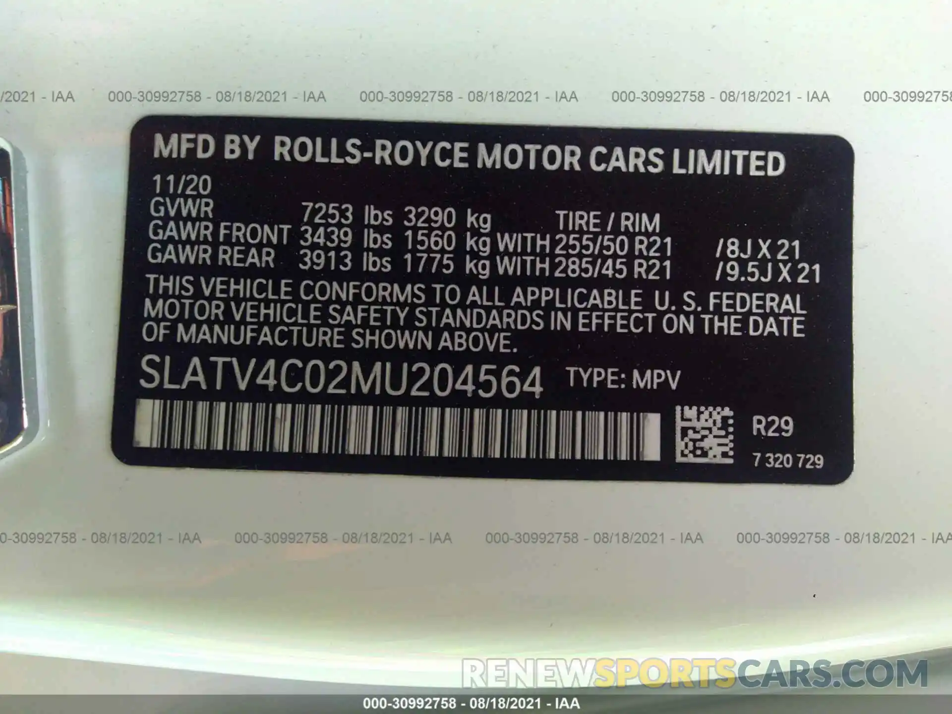 9 Photograph of a damaged car SLATV4C02MU204564 ROLLS-ROYCE CULLINAN 2021