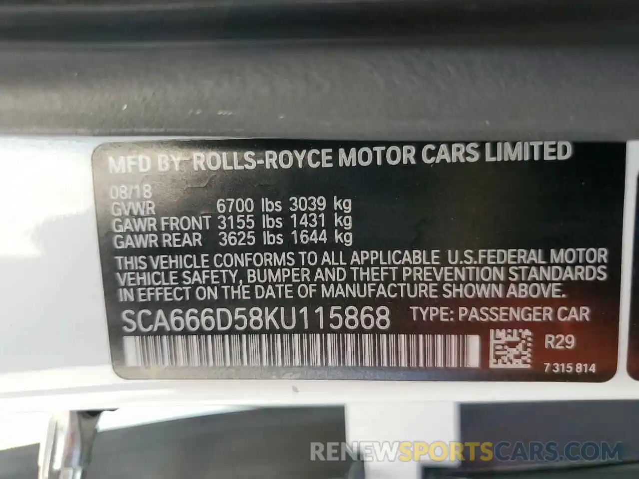 10 Photograph of a damaged car SCA666D58KU115868 ROLLS-ROYCE DAWN 2019