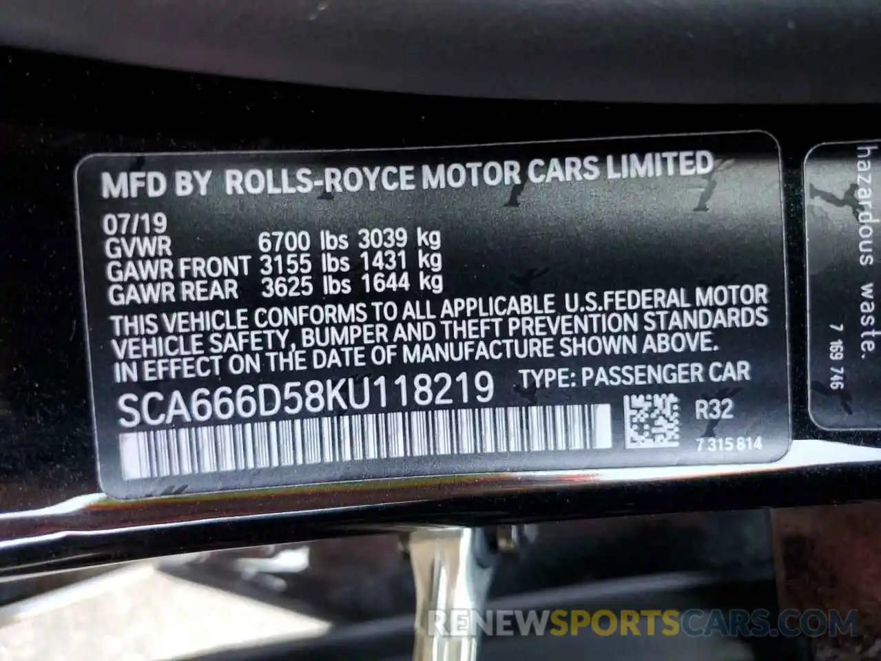 10 Photograph of a damaged car SCA666D58KU118219 ROLLS-ROYCE DAWN 2019