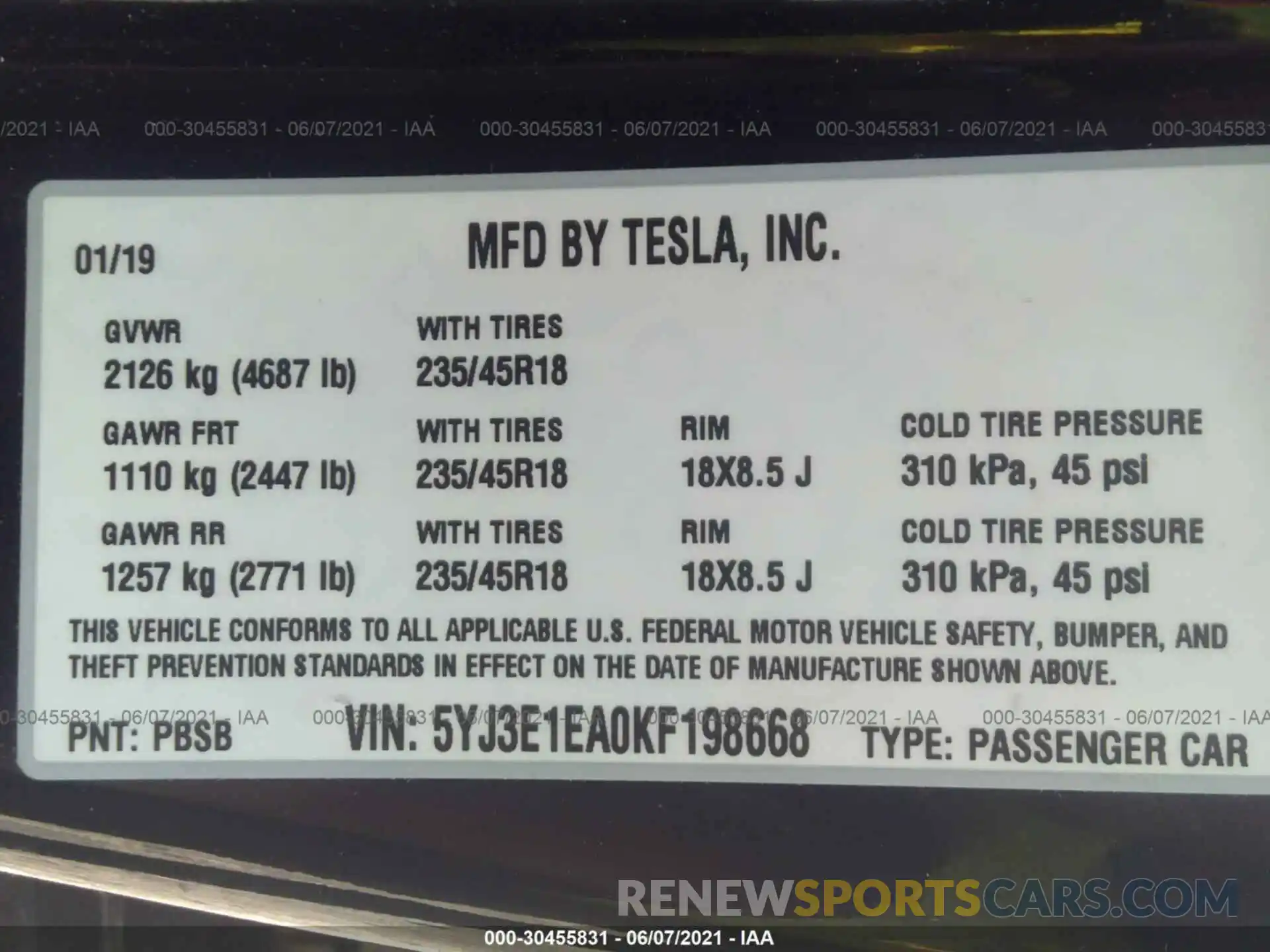 9 Фотография поврежденного автомобиля 5YJ3E1EA0KF198668 TESLA MODEL 3 2019