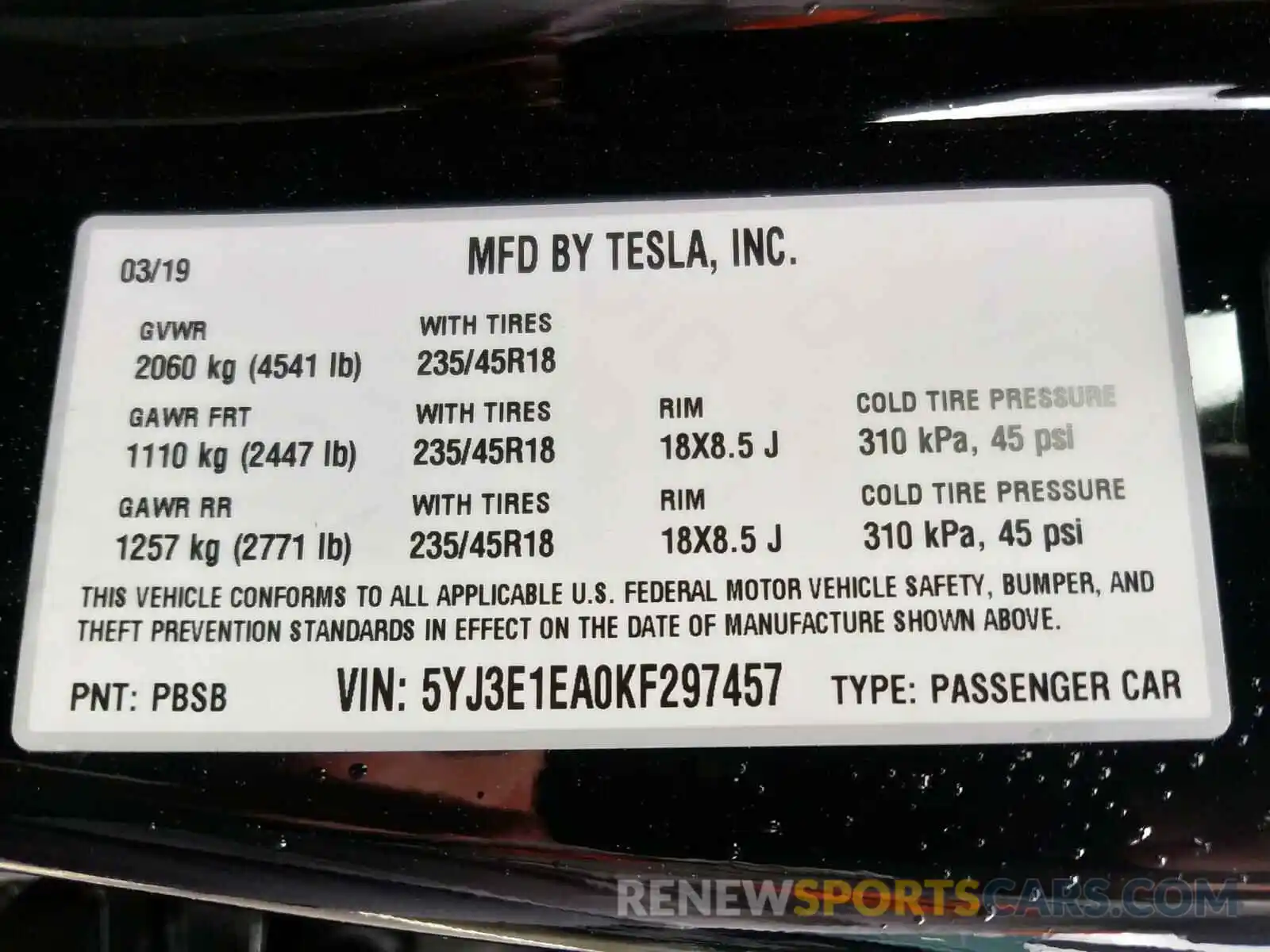 10 Photograph of a damaged car 5YJ3E1EA0KF297457 TESLA MODEL 3 2019