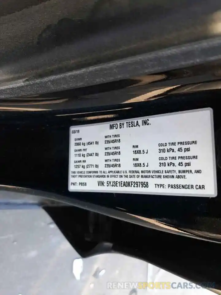 10 Photograph of a damaged car 5YJ3E1EA0KF297958 TESLA MODEL 3 2019