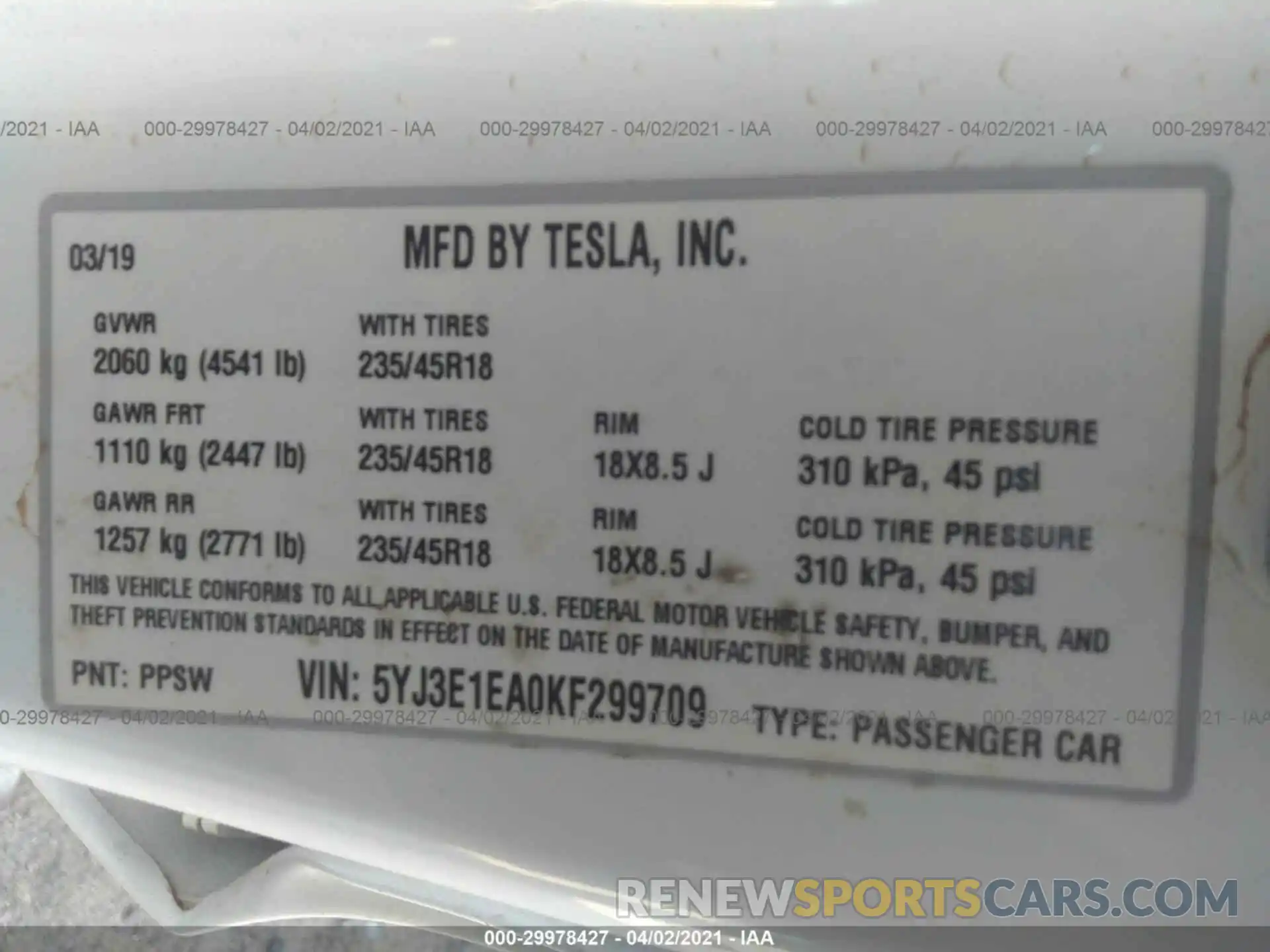 9 Photograph of a damaged car 5YJ3E1EA0KF299709 TESLA MODEL 3 2019