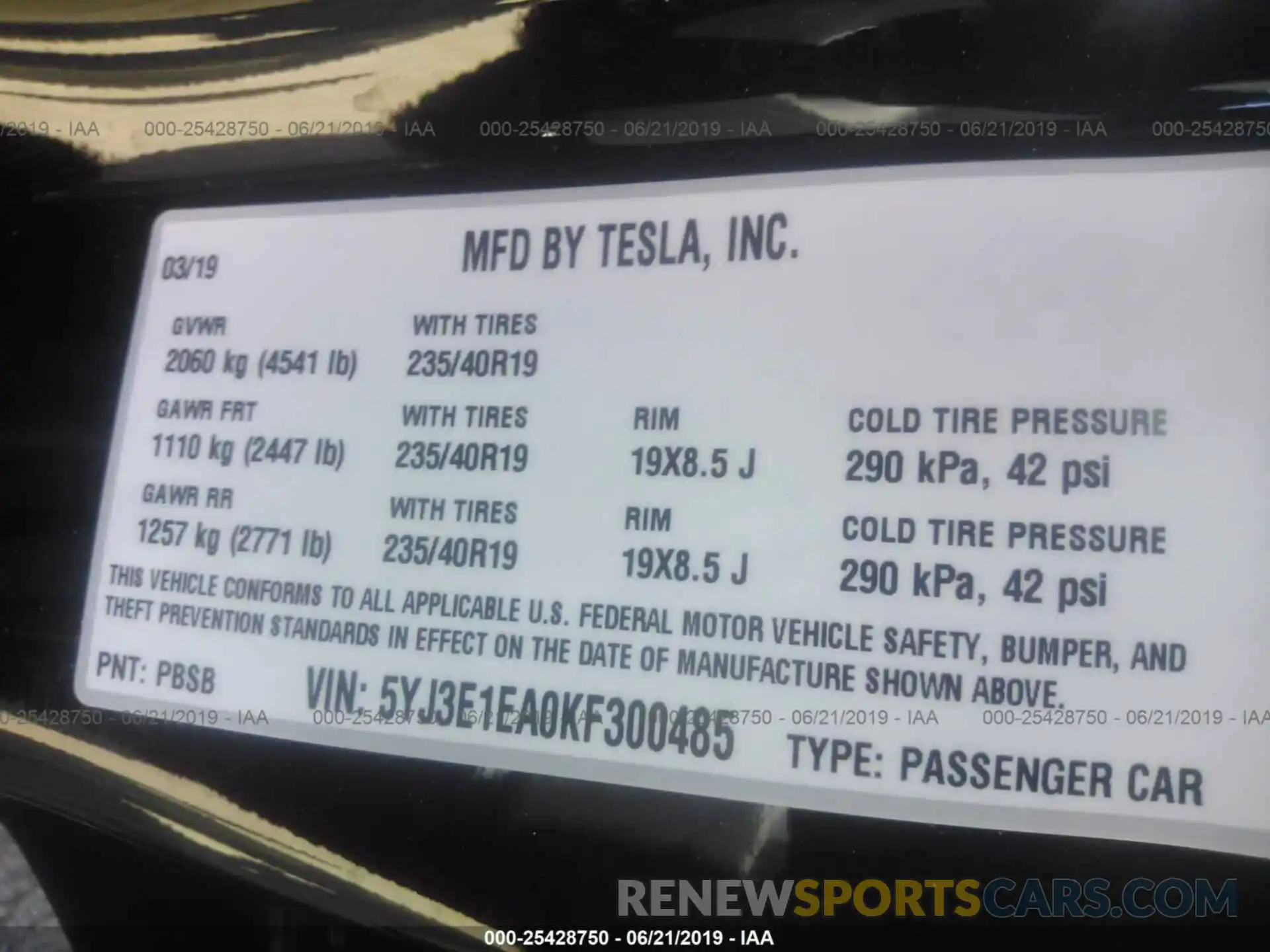 9 Photograph of a damaged car 5YJ3E1EA0KF300485 TESLA MODEL 3 2019