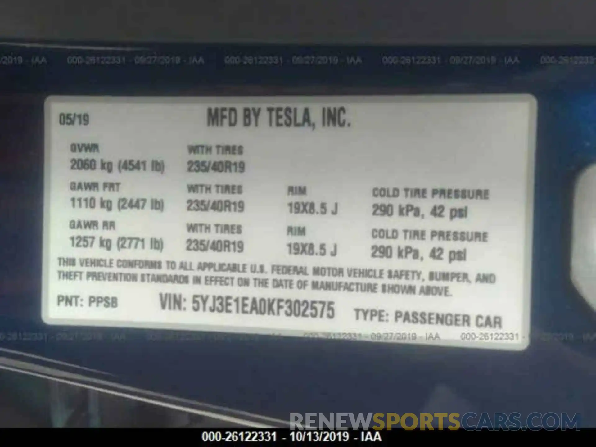 9 Фотография поврежденного автомобиля 5YJ3E1EA0KF302575 TESLA MODEL 3 2019