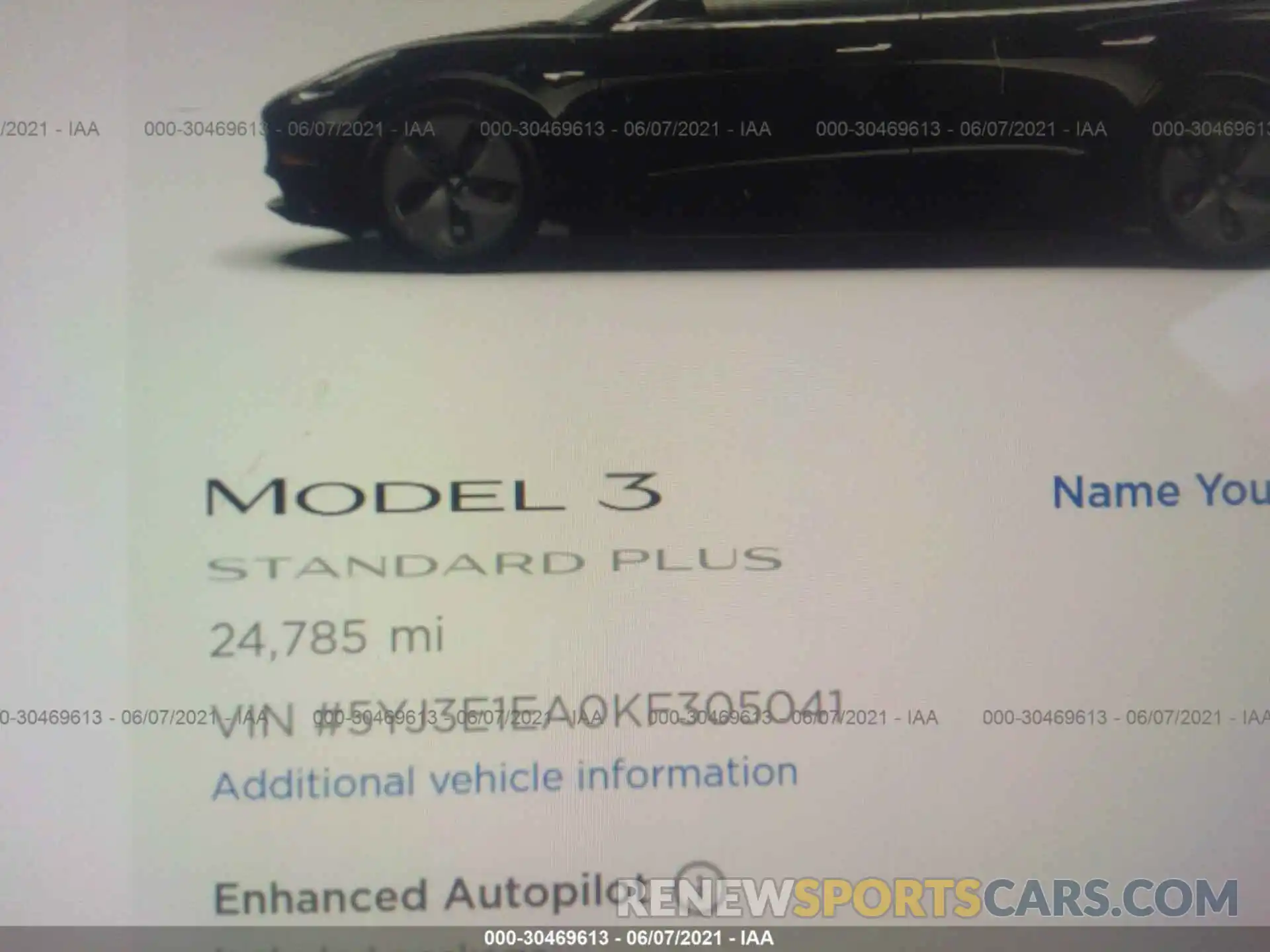 7 Photograph of a damaged car 5YJ3E1EA0KF305041 TESLA MODEL 3 2019