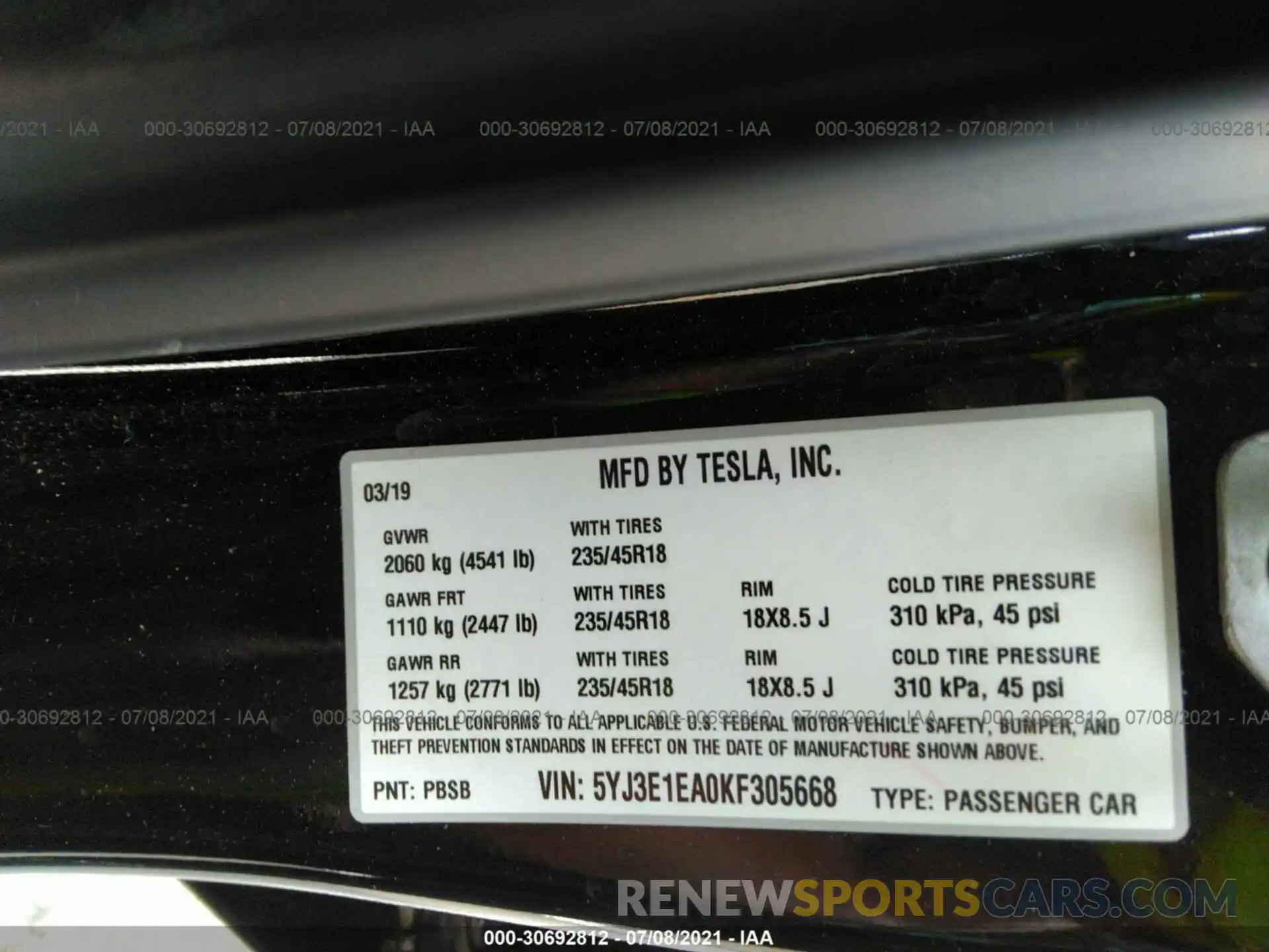 9 Photograph of a damaged car 5YJ3E1EA0KF305668 TESLA MODEL 3 2019